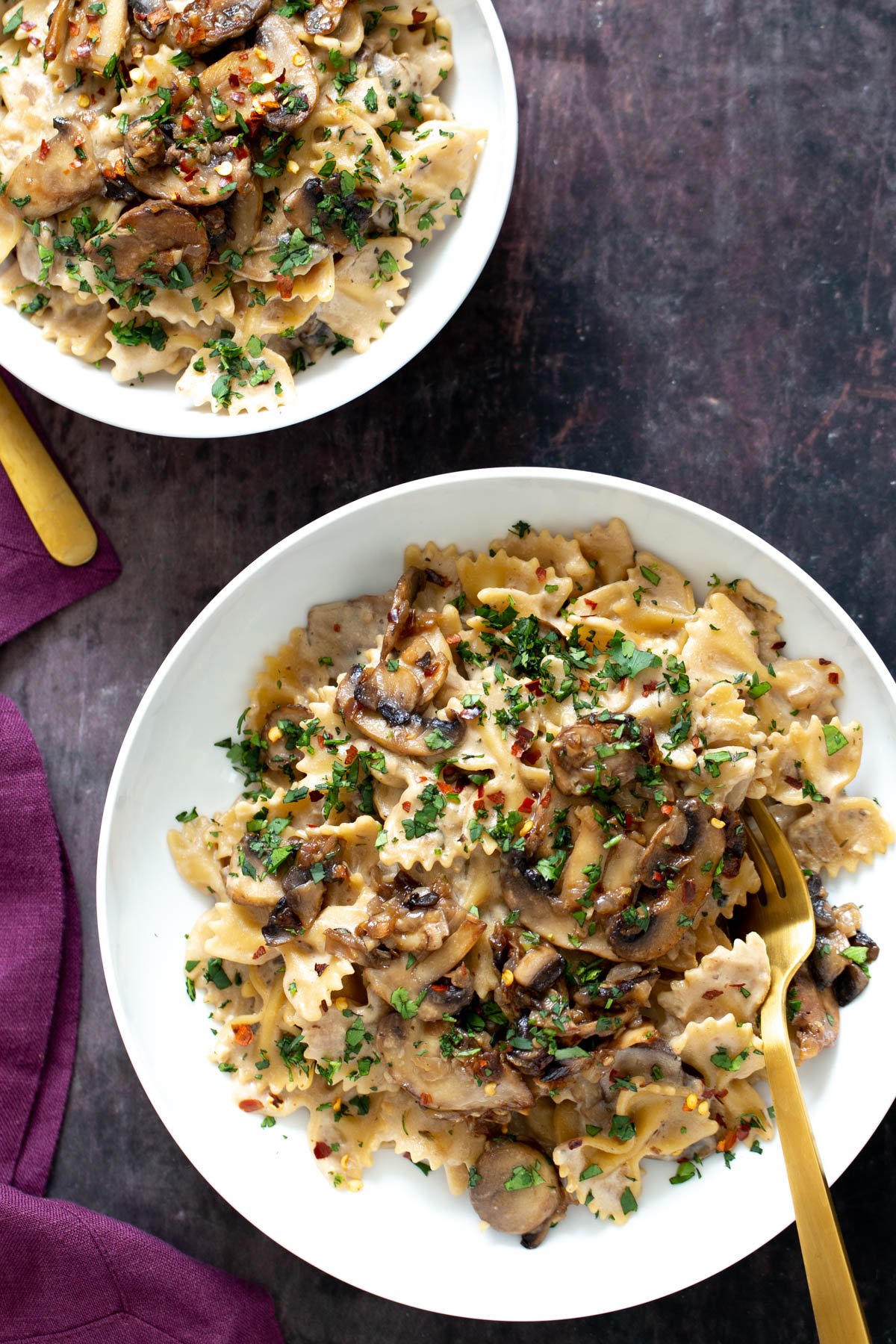 vegan mushroom stroganoff two plates with vegan mushroom stroganoff