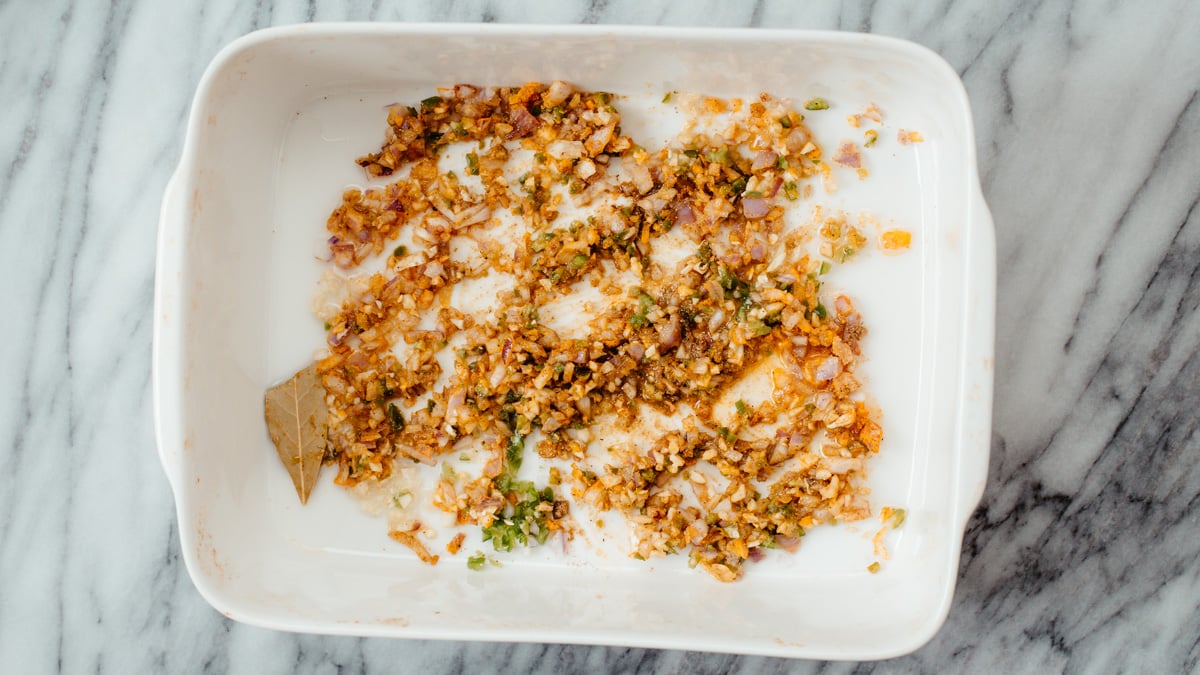 lentil casserole roasted onion, garlic and chilies in a casserole dish