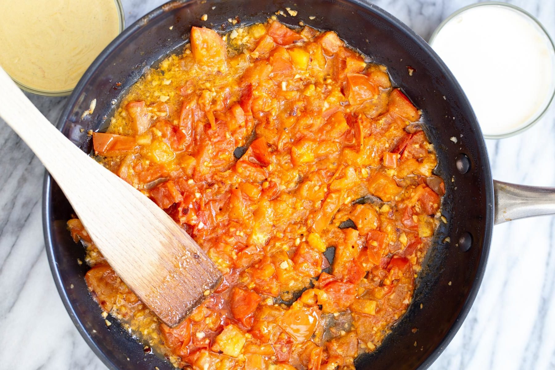 vegan tomato sauce in a frying pan