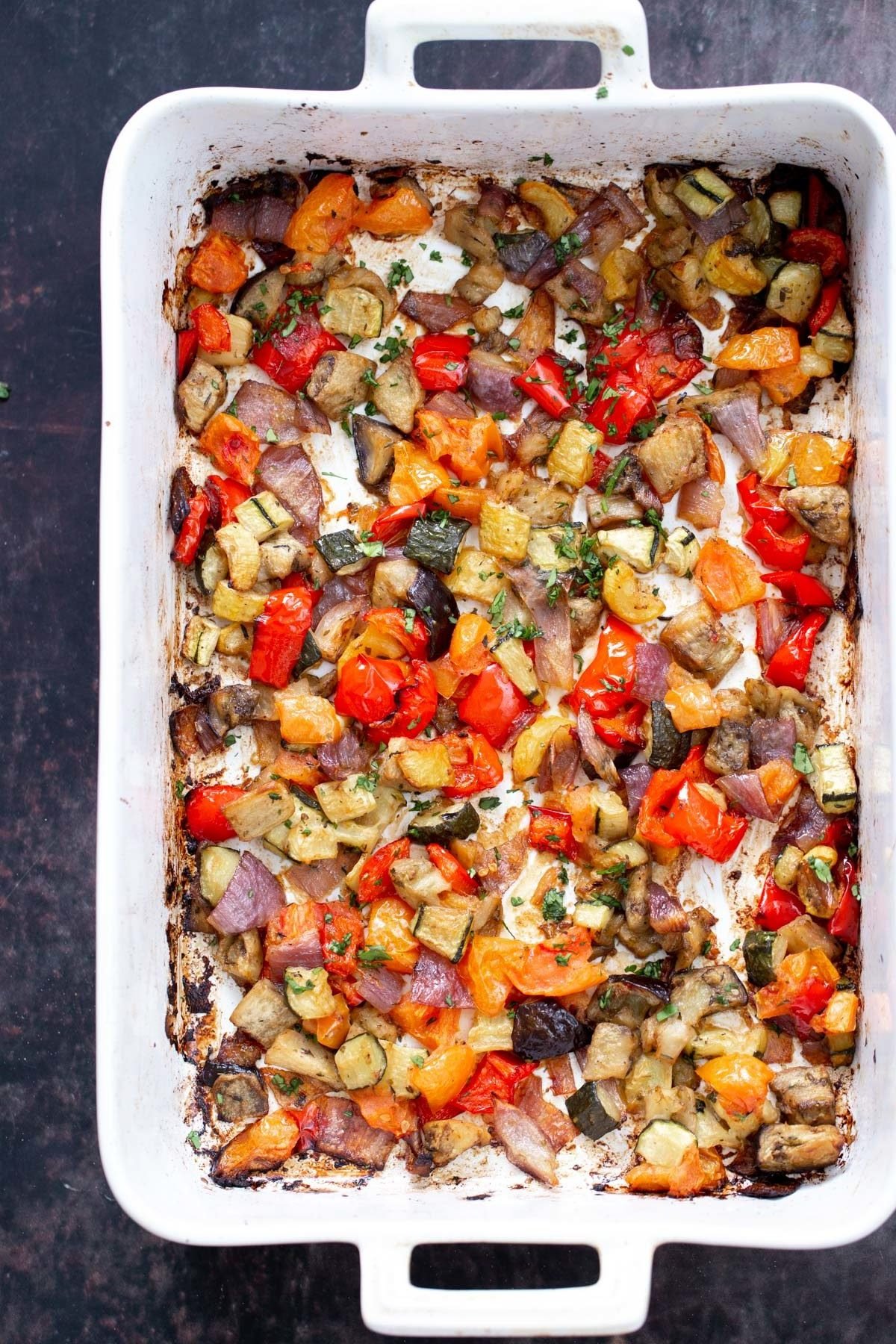 baked ratatouille in white casserole dish