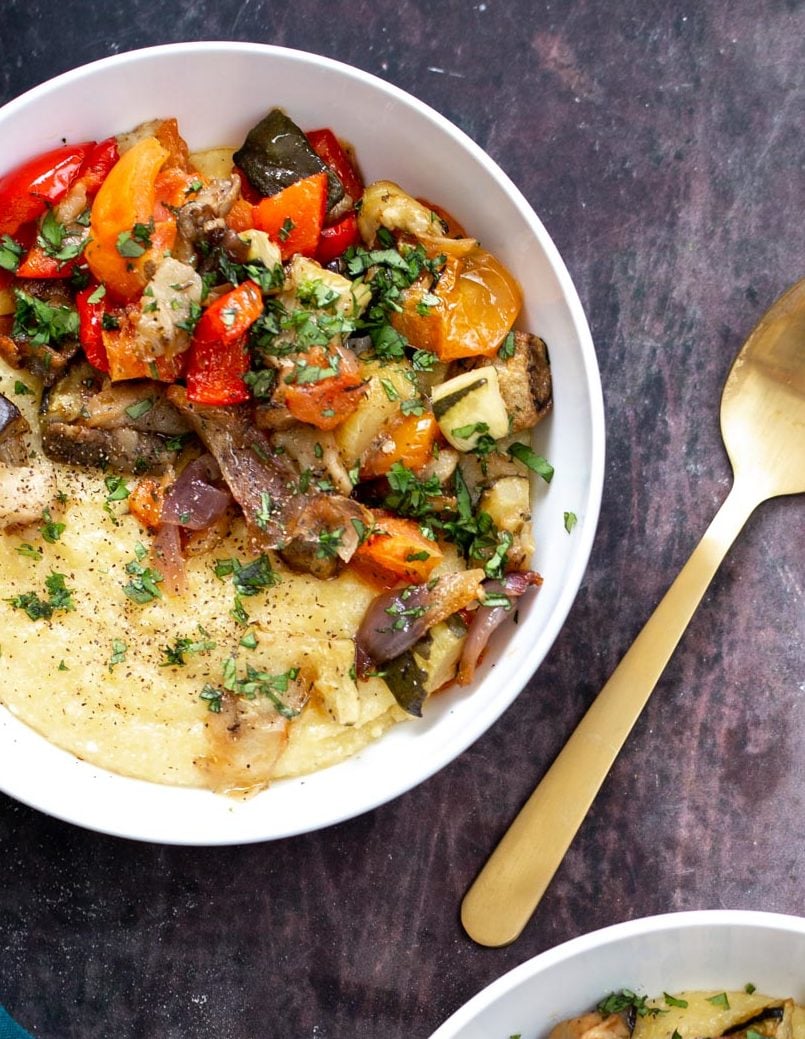 baked ratatouille casserole served over creamy polenta