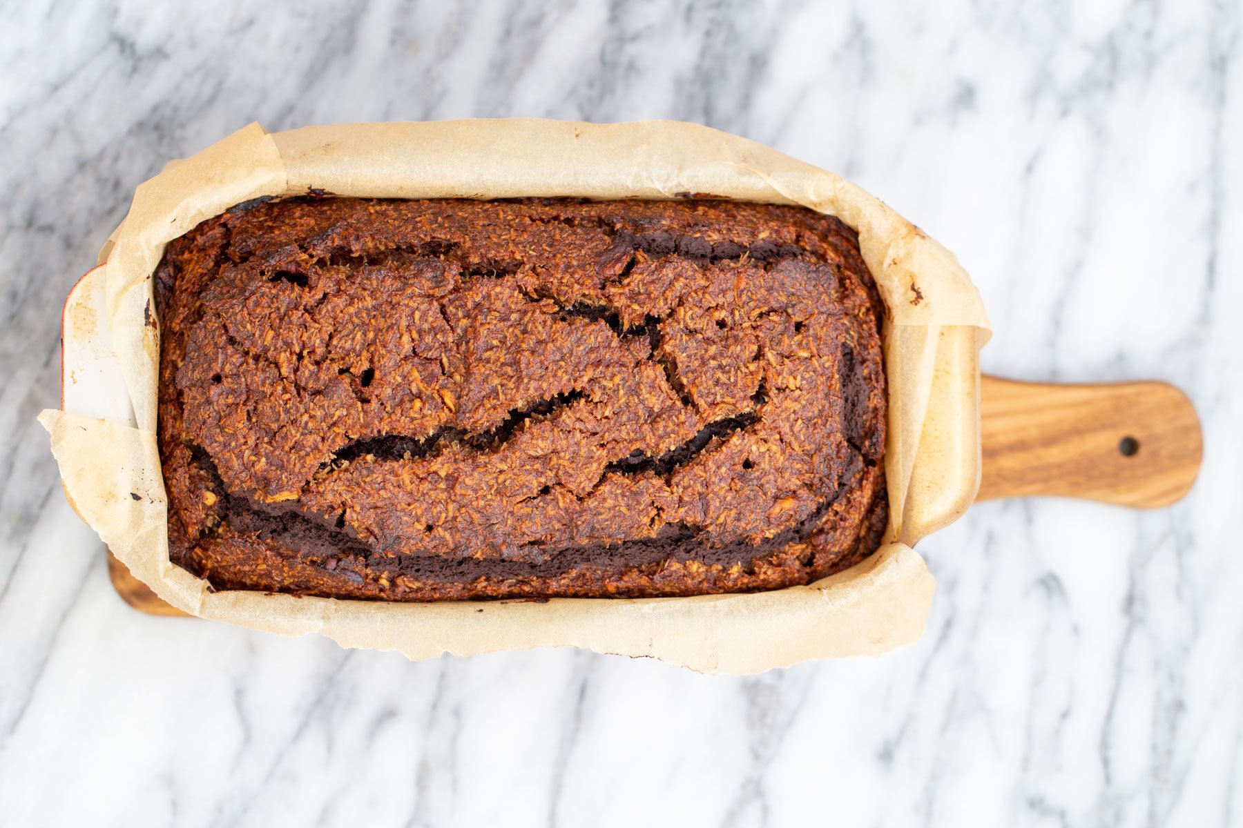 overhead shot of freshly baked German Chocolate Loaf Cake