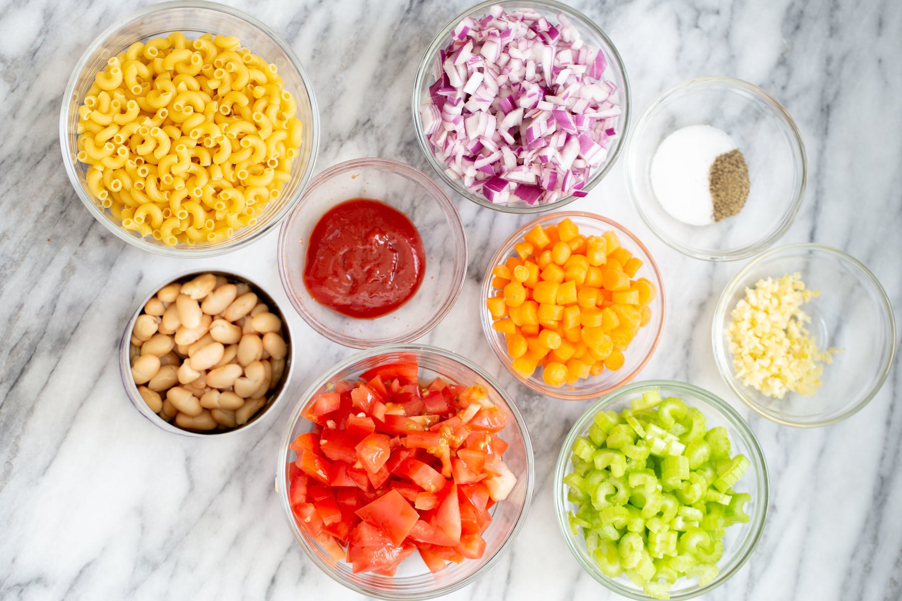 vegan pasta e fagioli overhead shot of ingredients needed for making pasta e fagioli