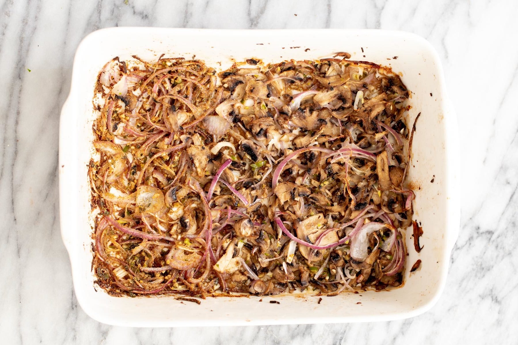 crispy golden mushrooms and onions baked in a casserole dish