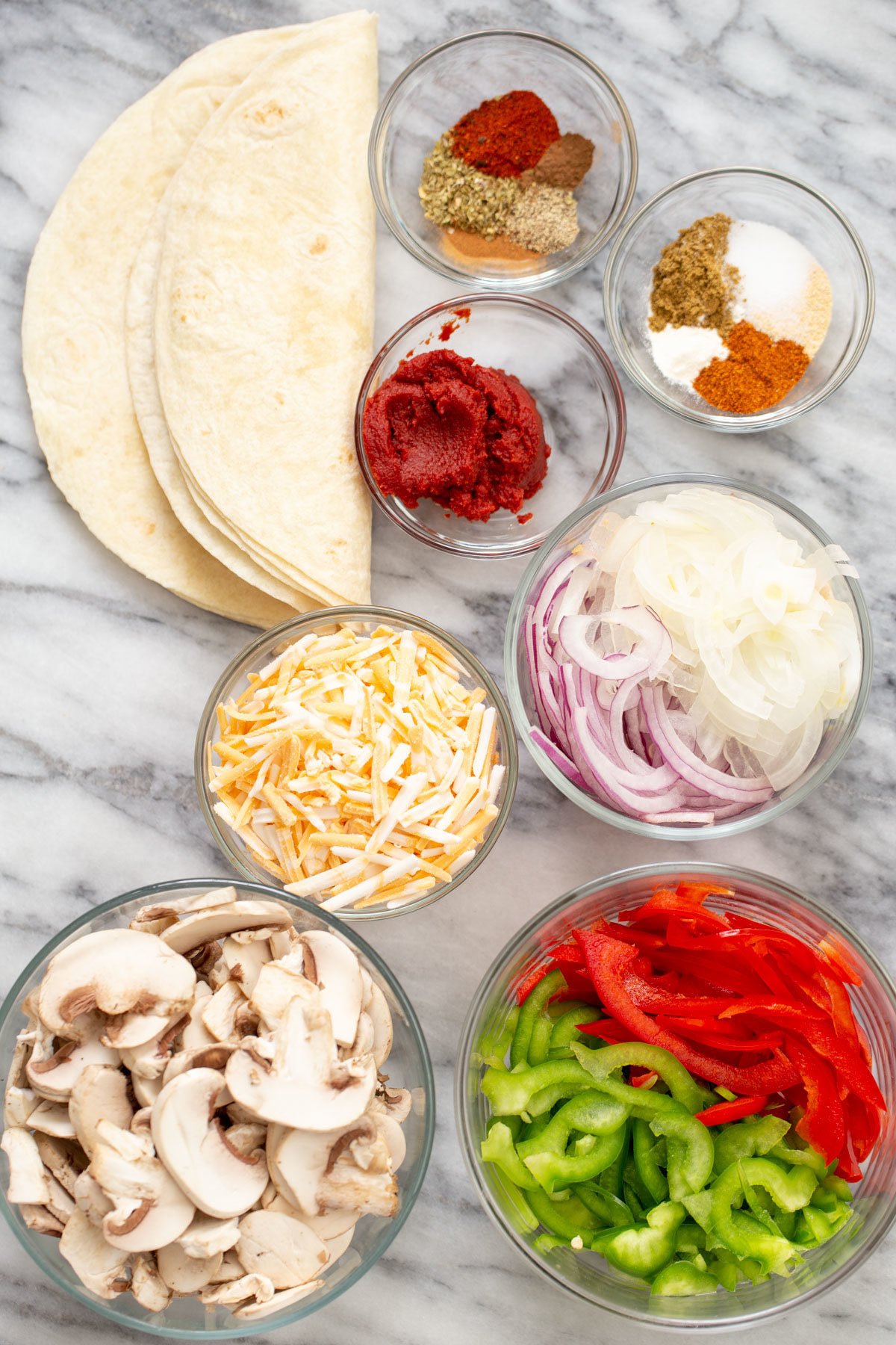 vegan tostadas  ingredients needed for making vegan mushroom bell pepper tostada quesadilla