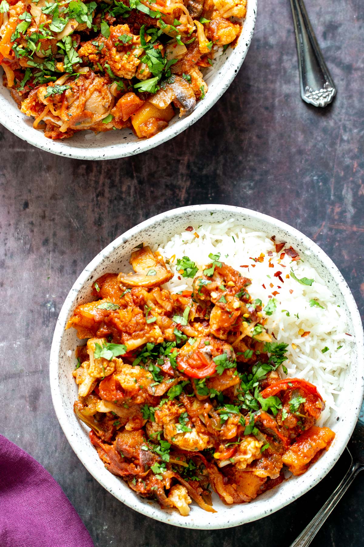 vegetable balti  two bowls of healthy vegetable balti with rice