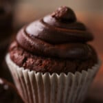vegan gluten-free chocolate cupcake after frosting