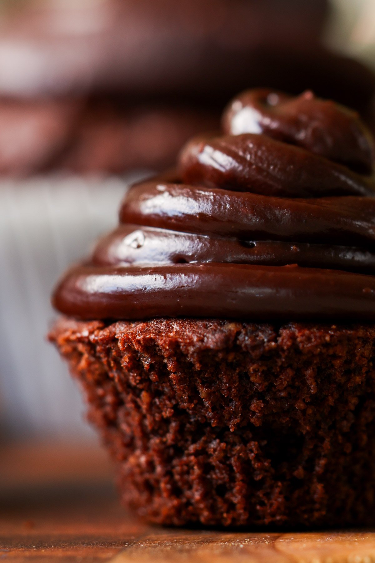 close-up of vegan gluten-free chocolate cupcake without wrapper