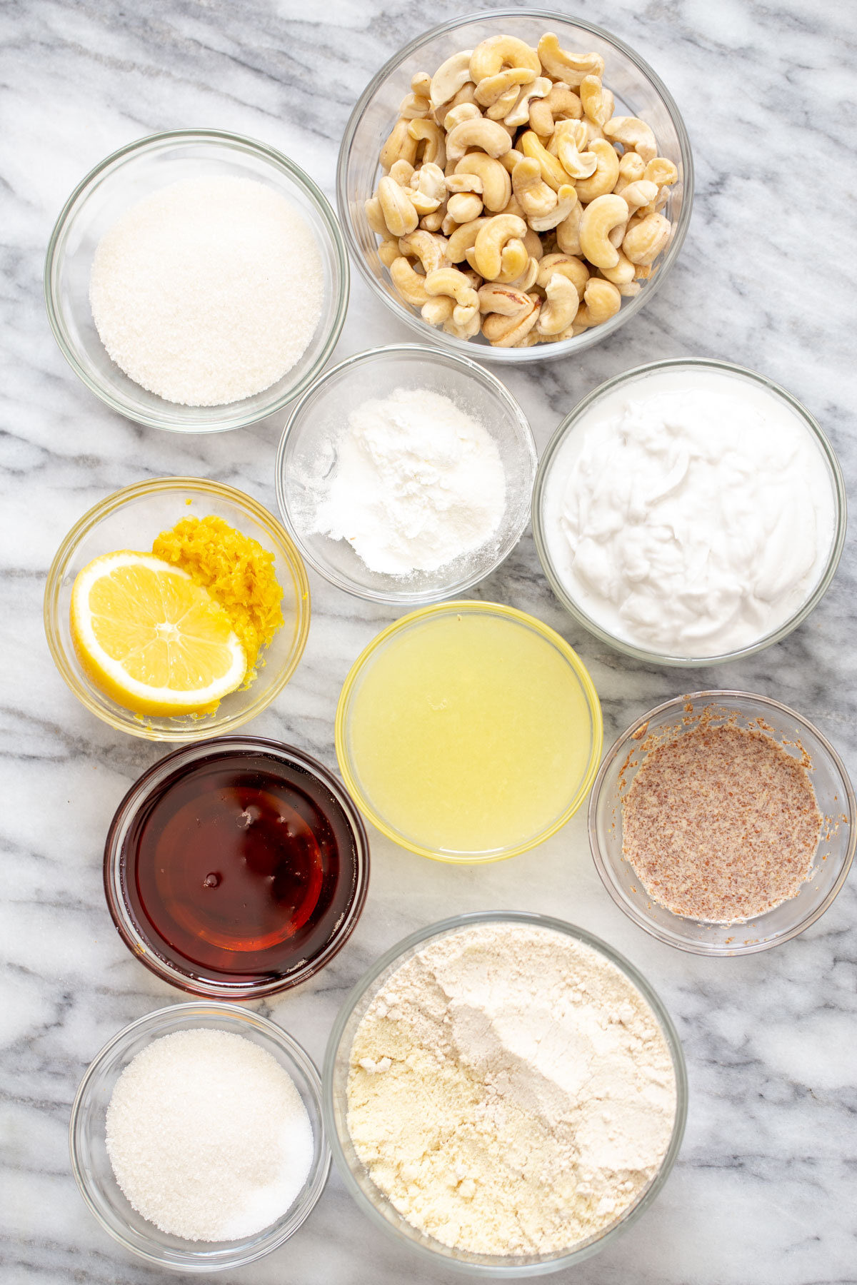 vegan lemon bars  ingredients for vegan lemon bars on a marble counter