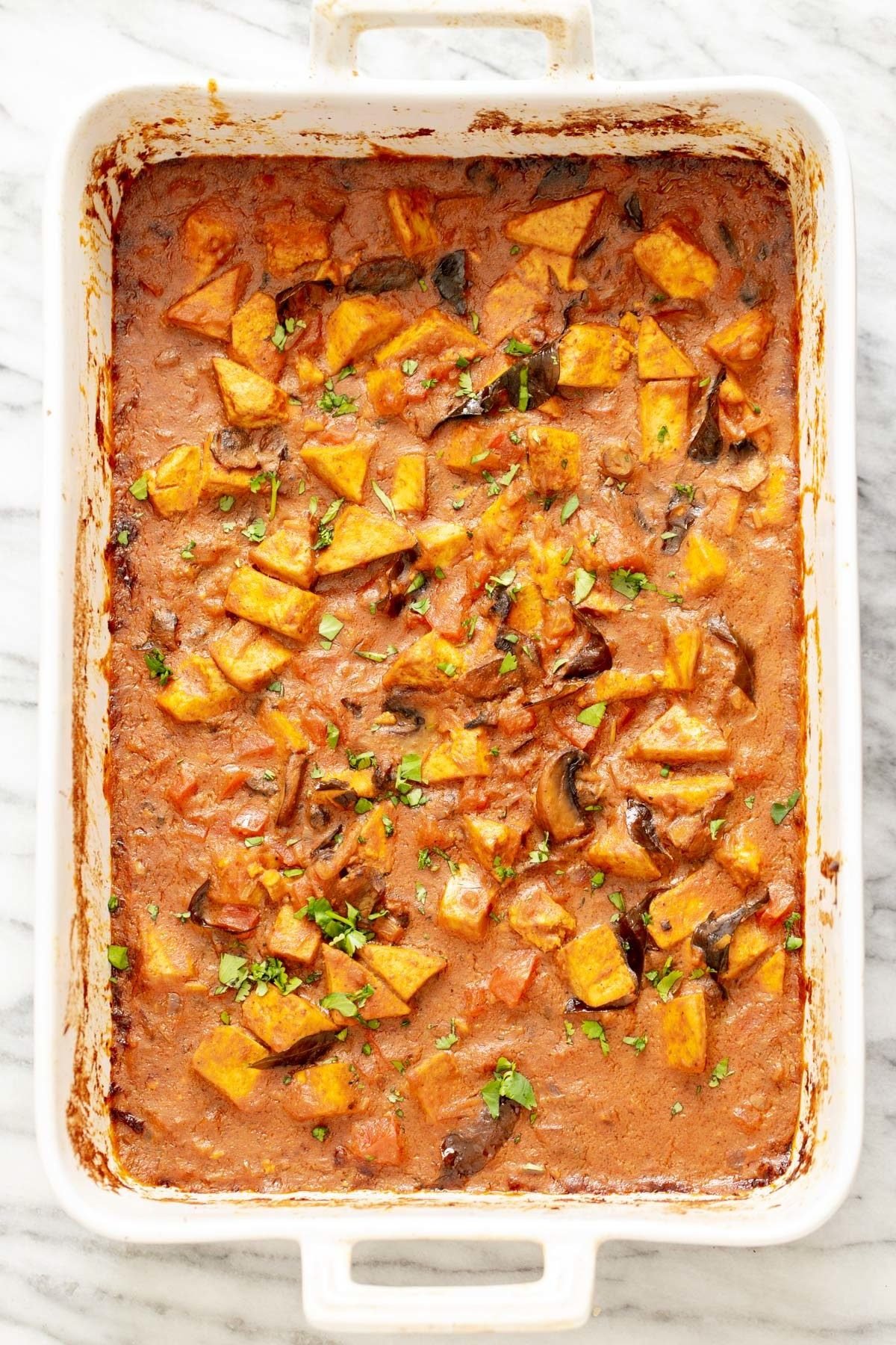 Indian Curry Tofu Casserole fresh out of the oven