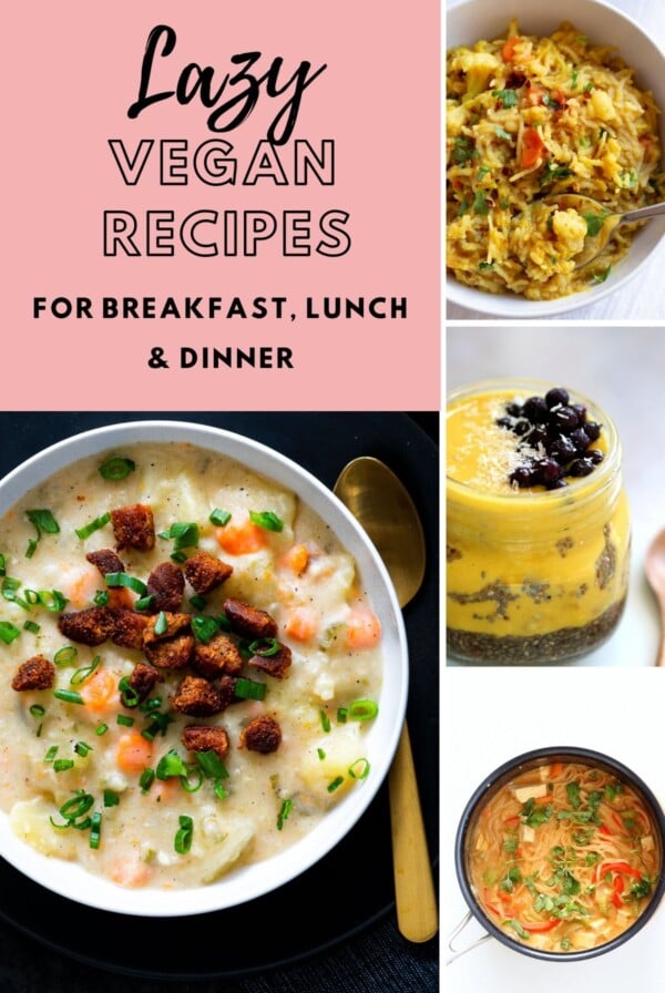 a collage of easy and cheap vegan lazy dinners