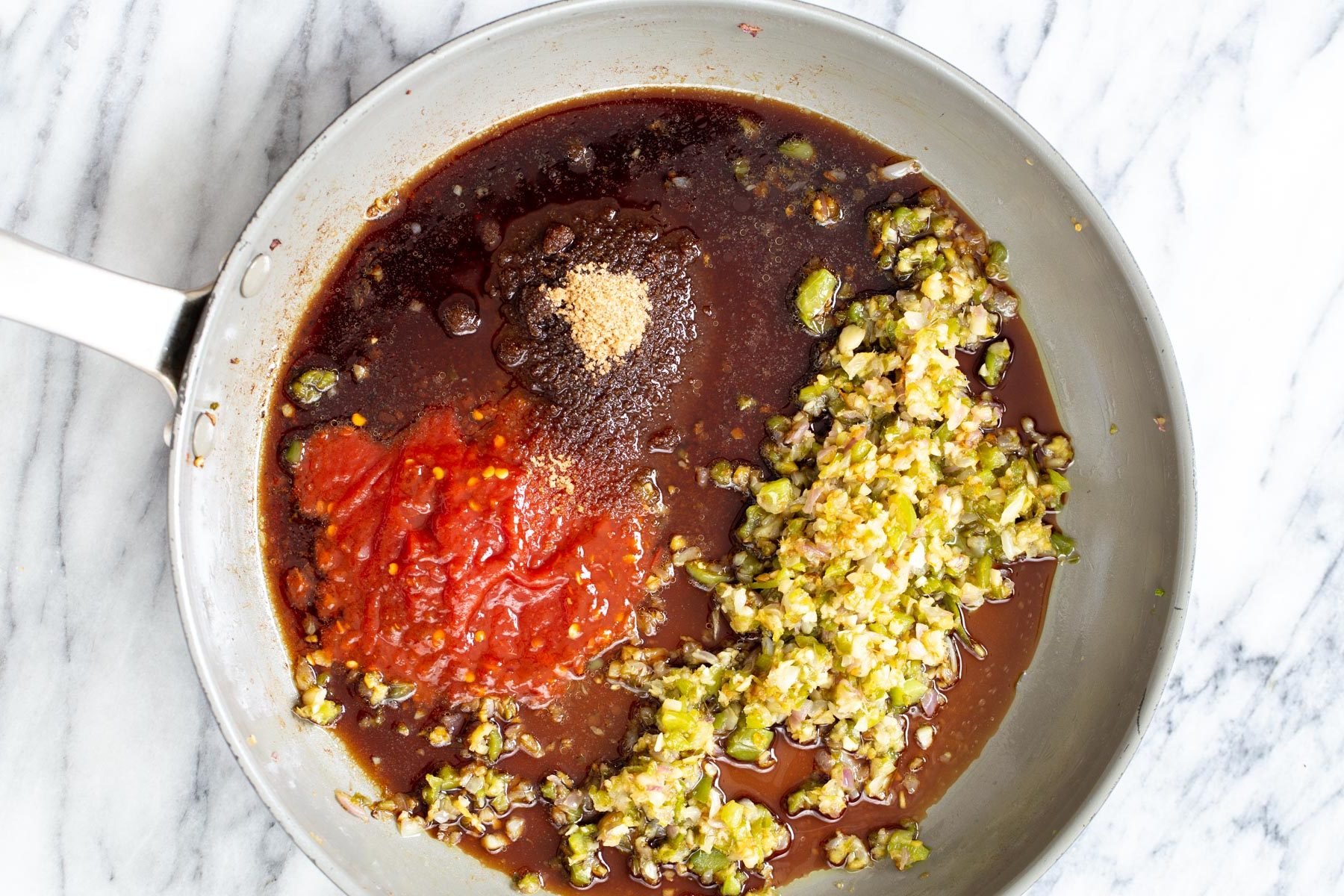 cauliflower manchurian sauce ingredients in a saucepan