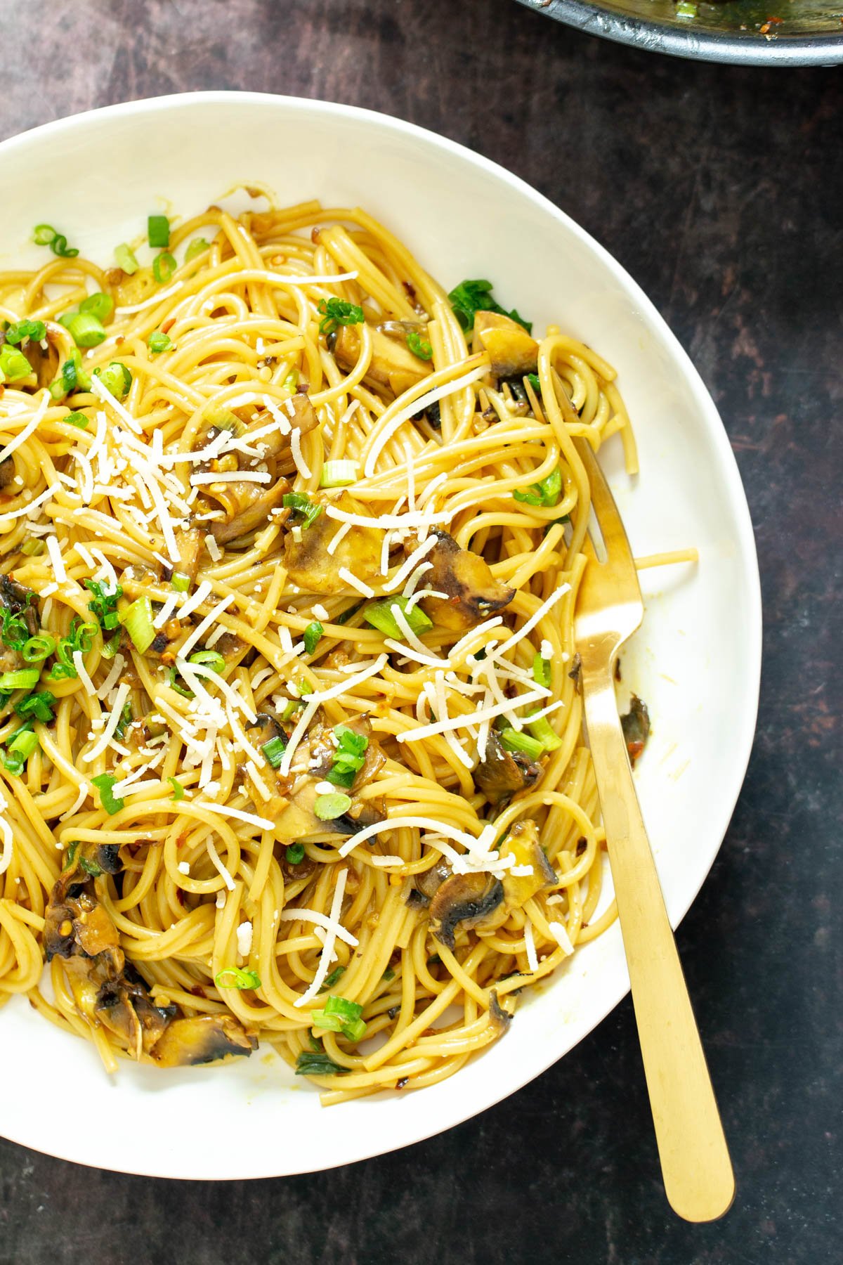 vegan garlic pasta a plate of garlic pasta topped with grated parmesan and chopped scallions