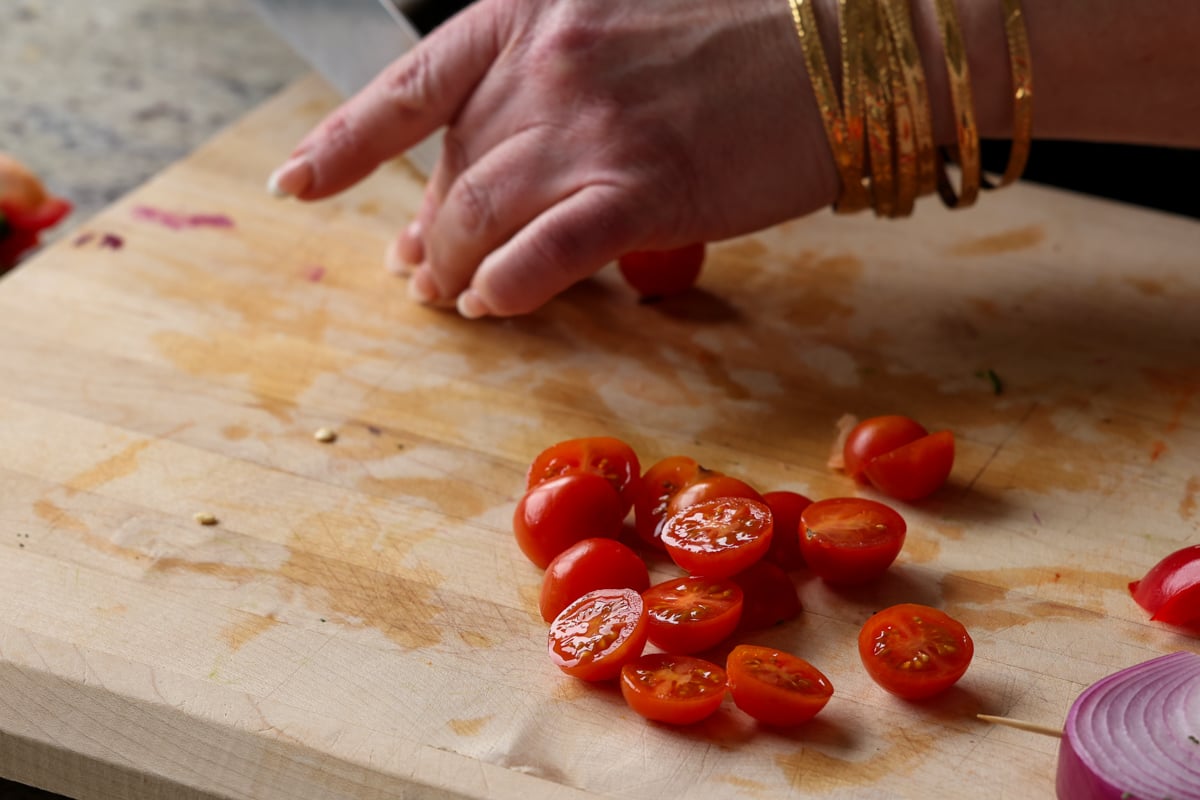 slicing the cherry tomatoes
