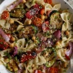 serving bowl of summer pasta salad with grilled vegetables