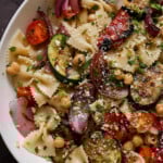 close-up of summer pasta salad with grilled vegetables
