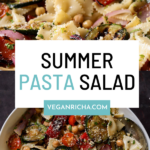 photos of summer pasta salad with grilled vegetables, text overlay