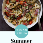 summer pasta salad with grilled vegetables in a bowl, text overlay