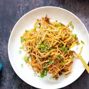a plate of gochujang noodles sprinkled with sliced scallions