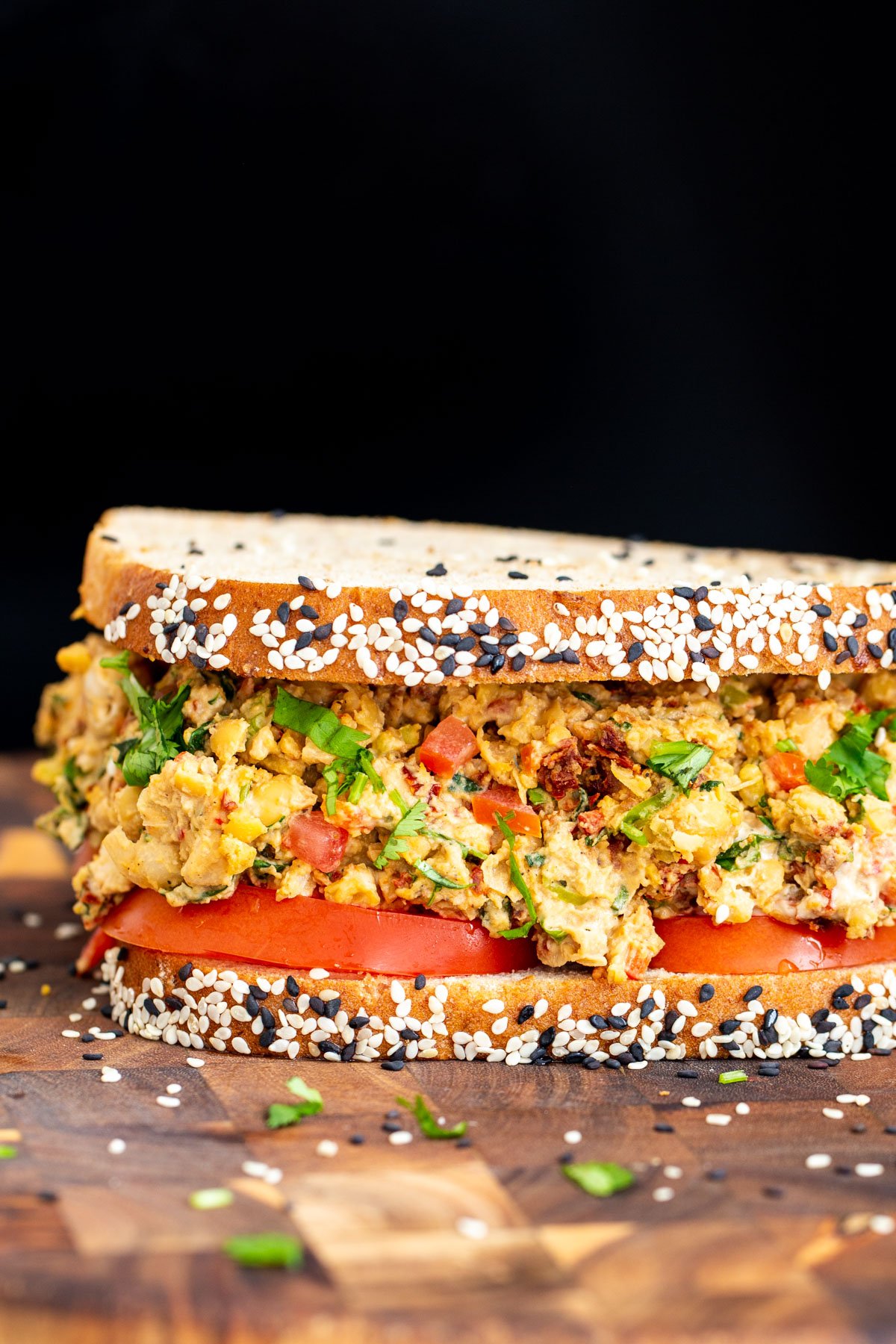 Mediterranean sandwich  close up side view of vegan Mediterranean chickpea sandwich