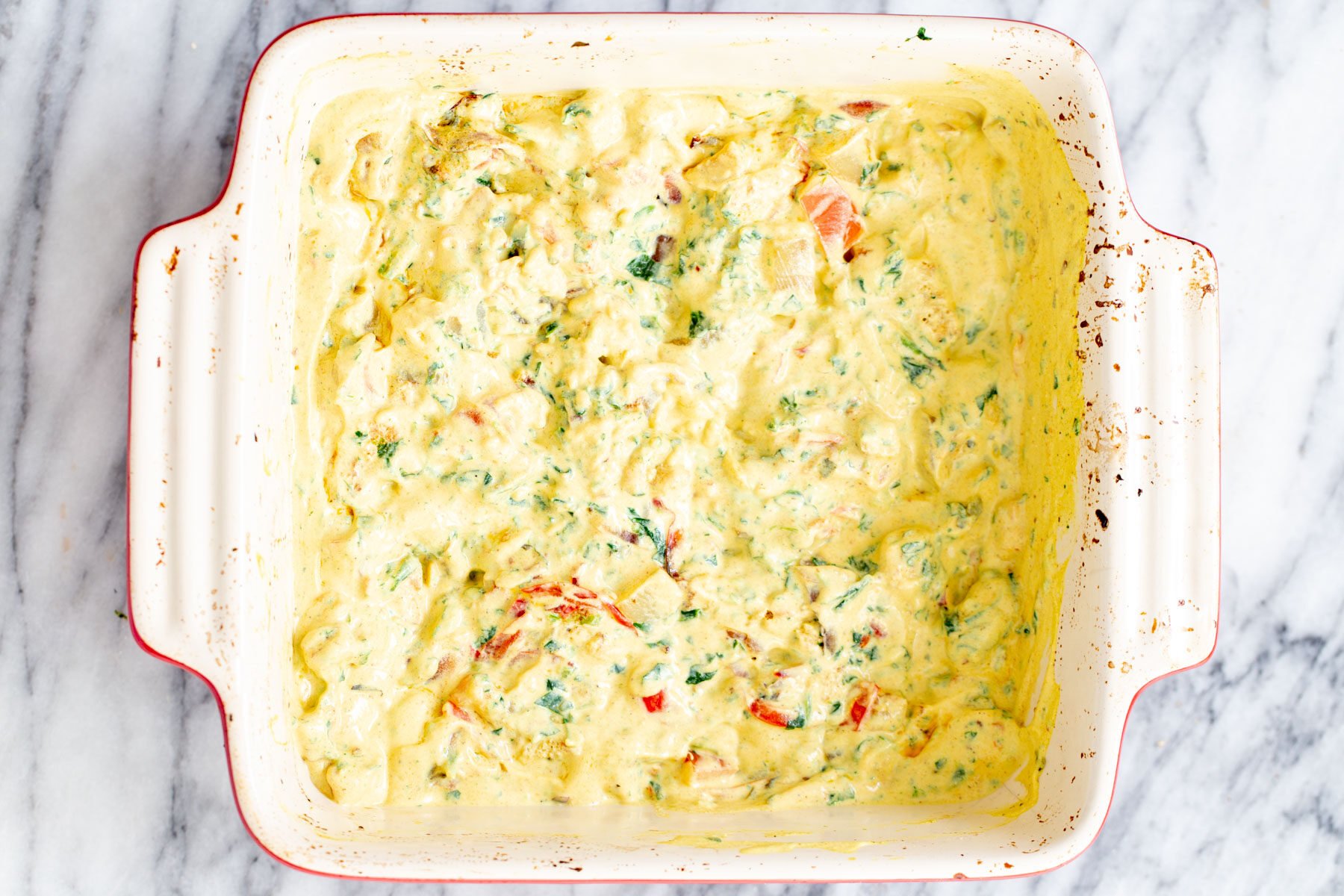 vegan Mexican egg casserole ready for baking