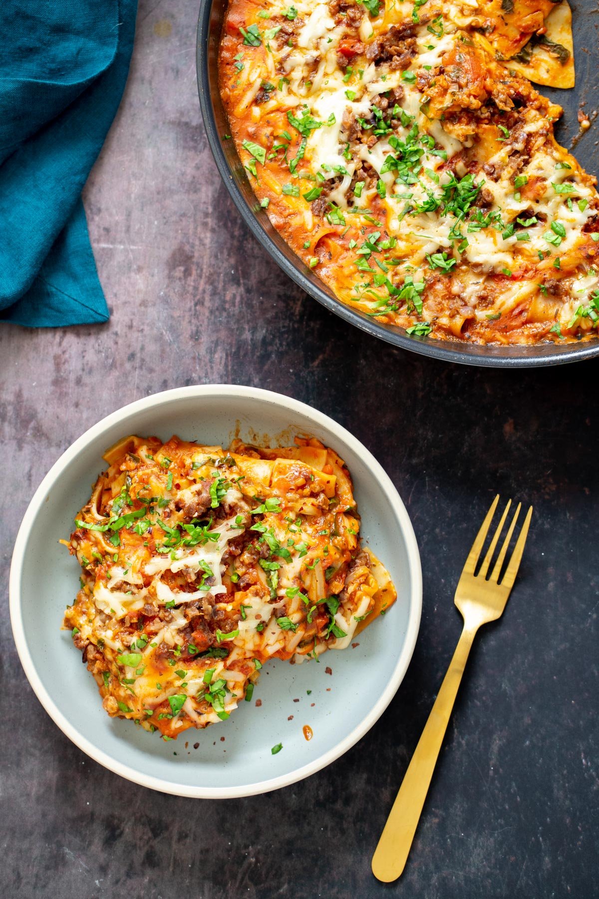 a plate of one skillet vegan lasagna bolognese