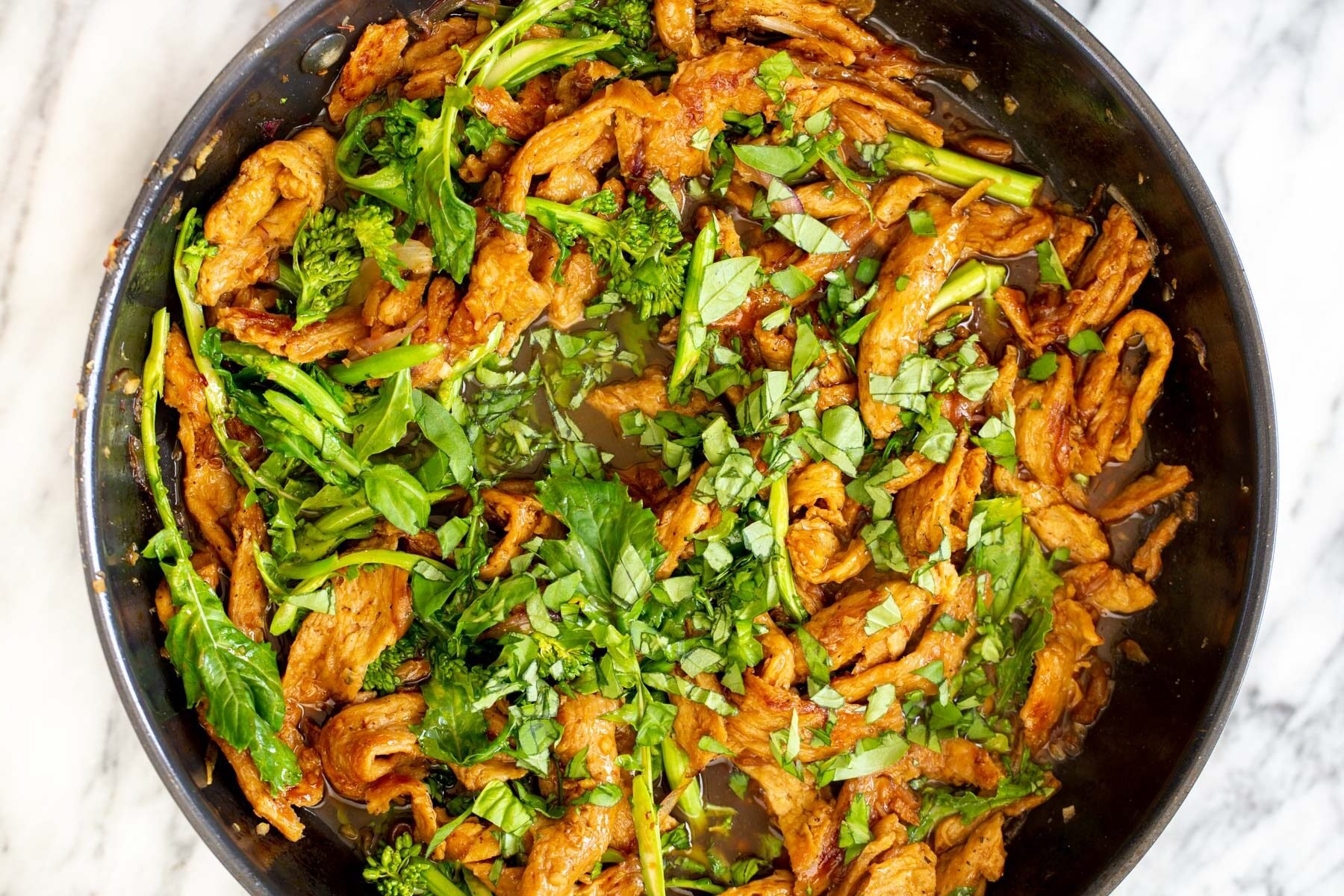 soy chunks sauteed with broccolini