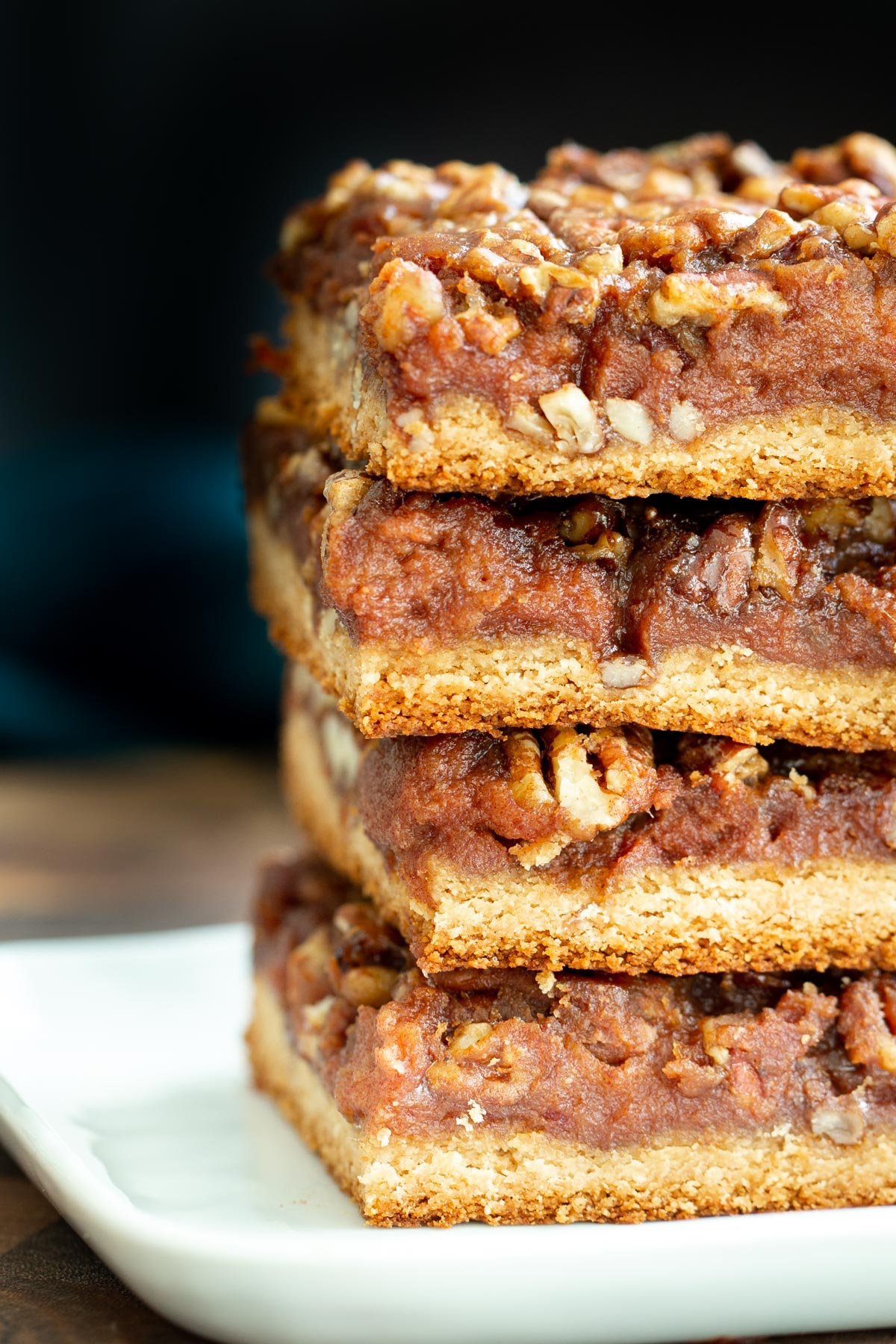 vegan pecan pie bars  a stack of vegan glutenfree pecan pie bars