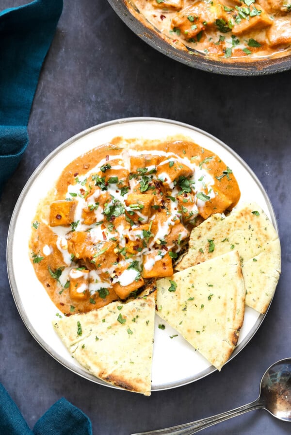 tofu malai curry served with rice and bread