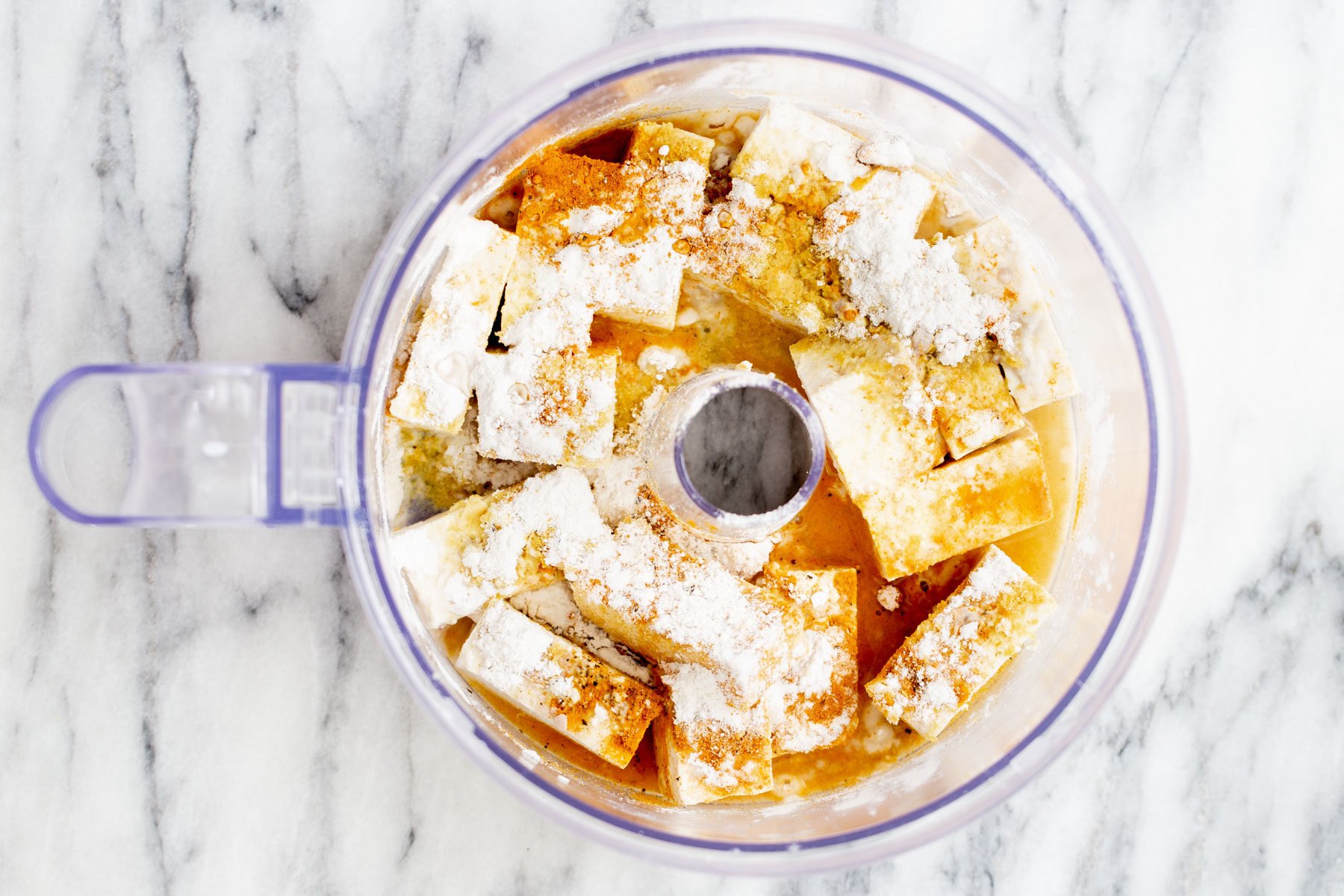 vegan quiche recipe cubed tofu in a food processor