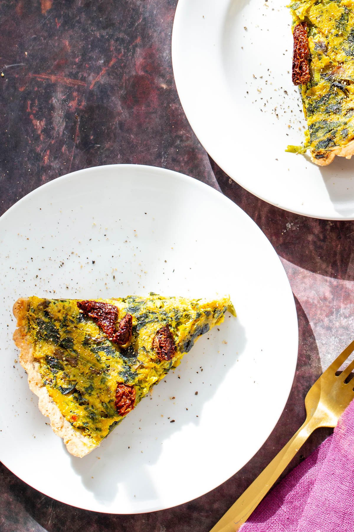 vegan quiche recipe overhead shot of a slice of vegan quiche