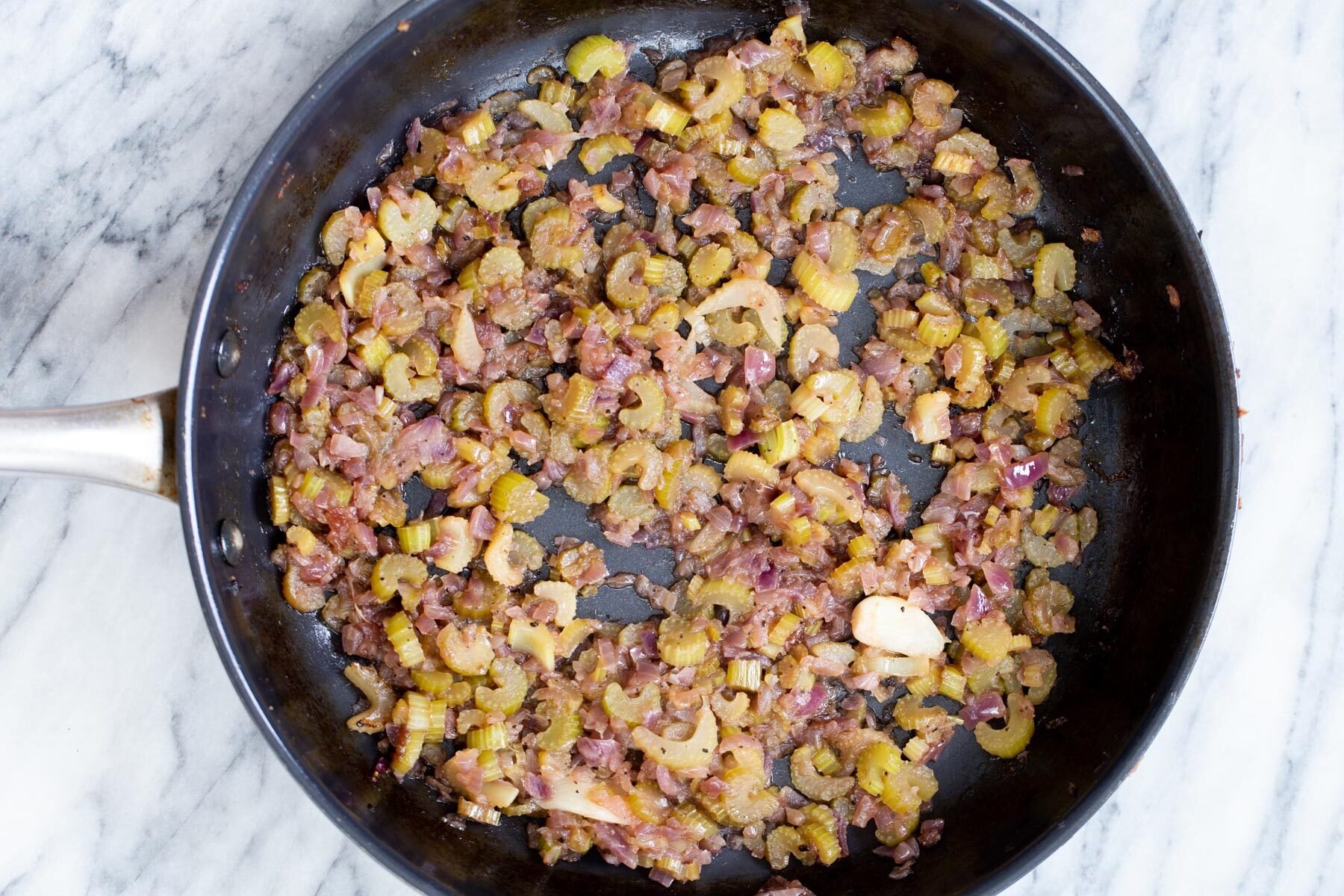 vegan stuffing  vegan stuffing in a black sauteeing pan