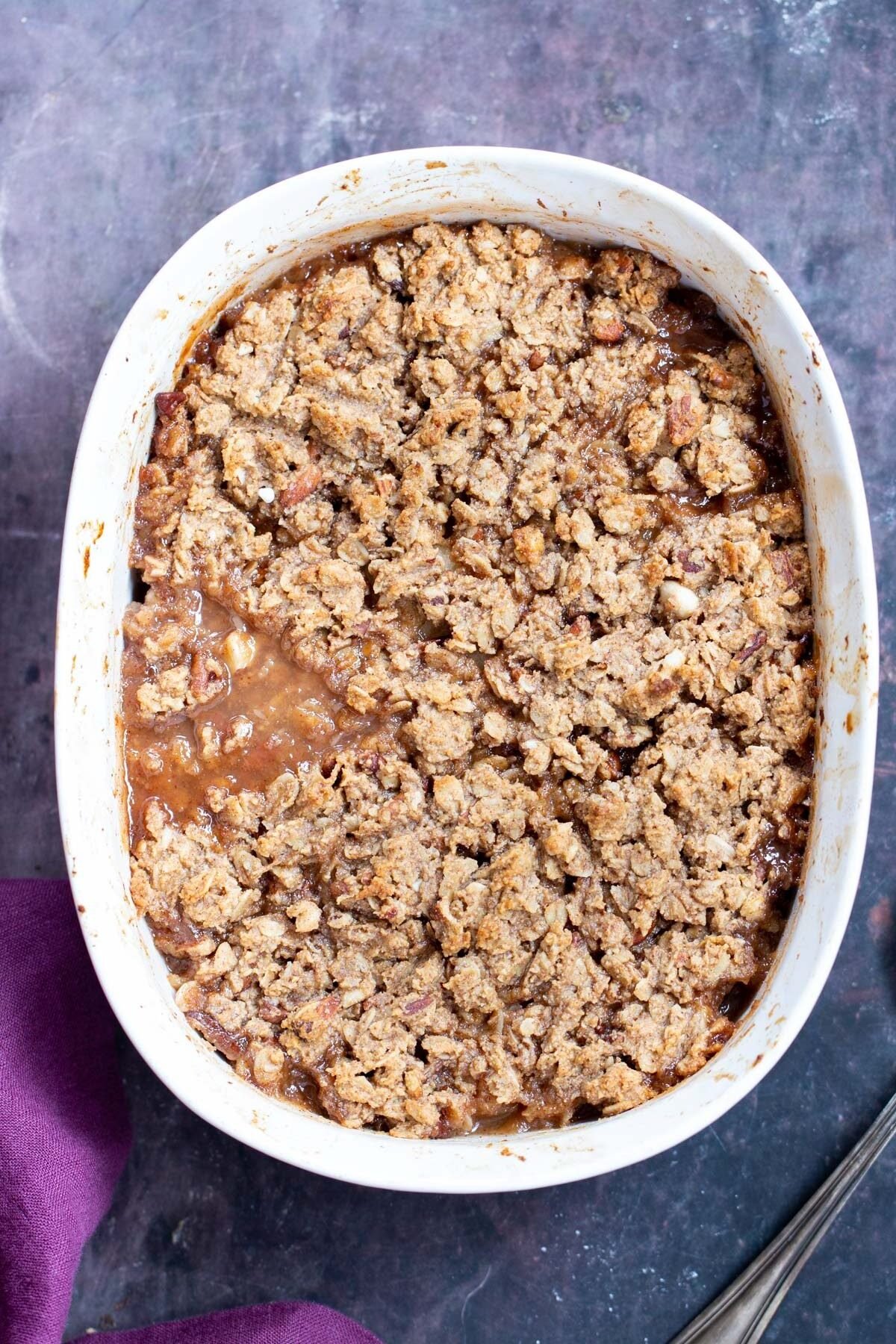 apple pear crisp  freshly baked apple pear crisp in a white casserole dish