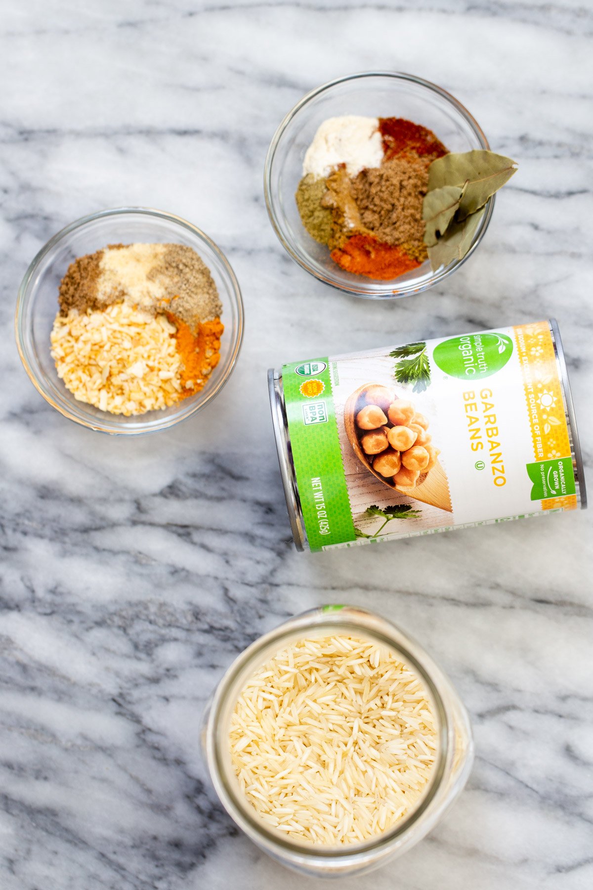 chickpea fried rice ingredients needed for making fried rice in a jar