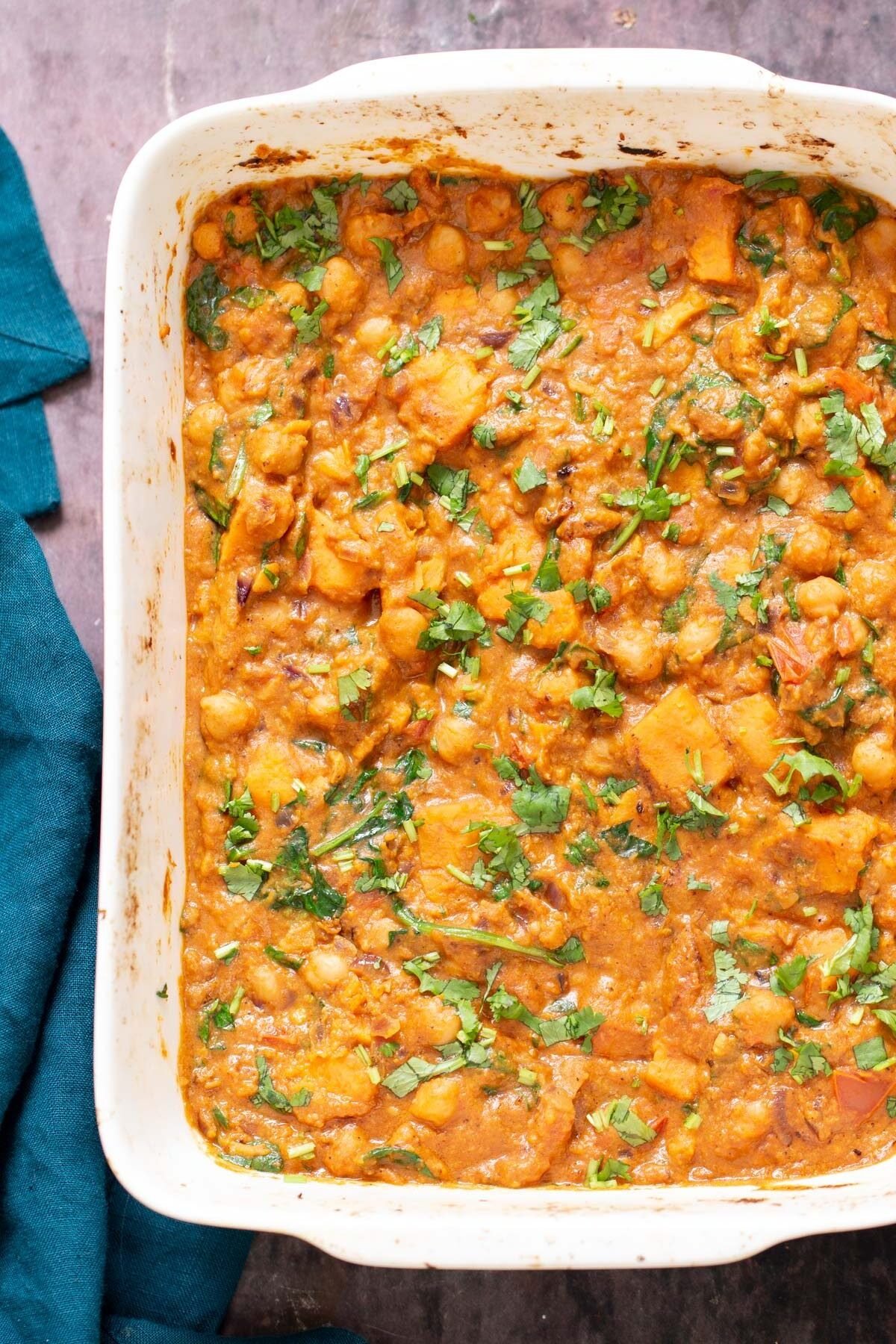 Top shot of casserole dish with chickpea sweet potato curry