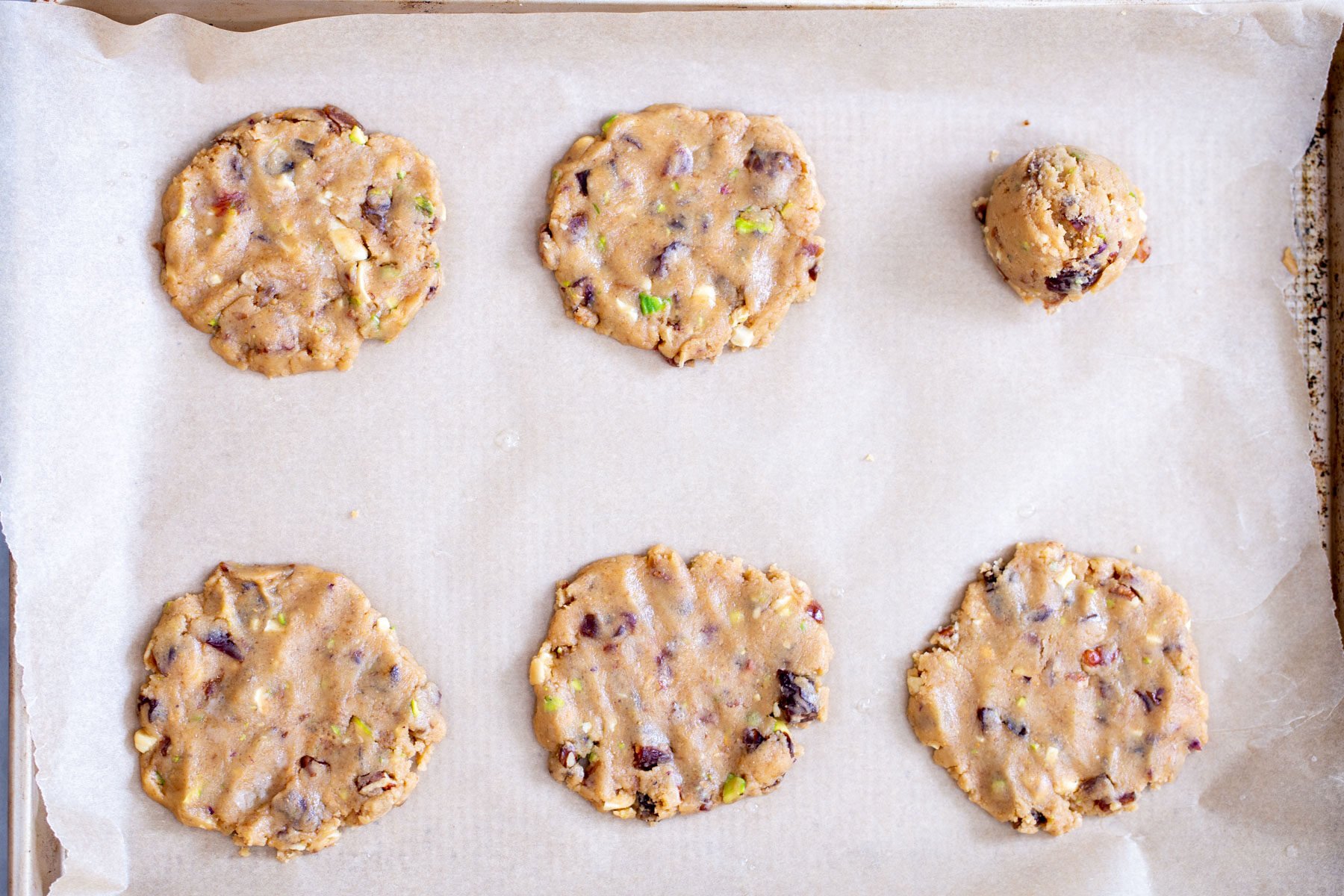 cookie mix in a jar date nut cookies shaped and ready to make on a baking sheet