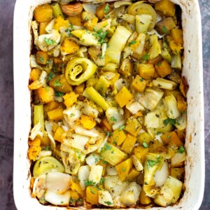 roasted root vegetables in a casserole dish