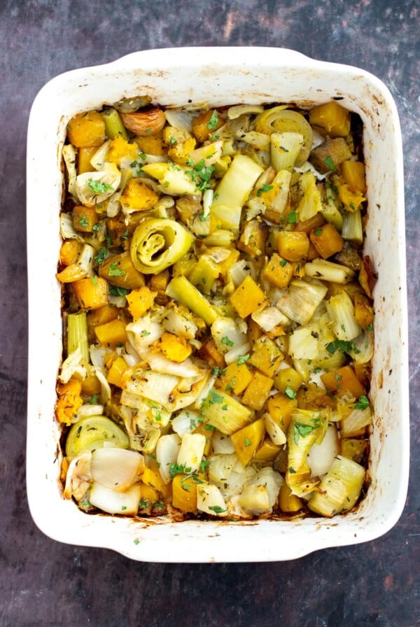 roasted root vegetables in a casserole dish