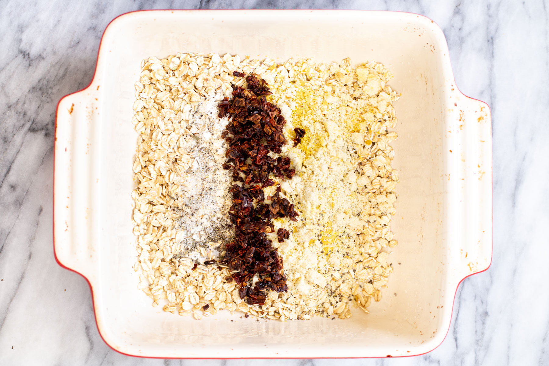 dry ingredients for oatmeal bake in a casserole dish