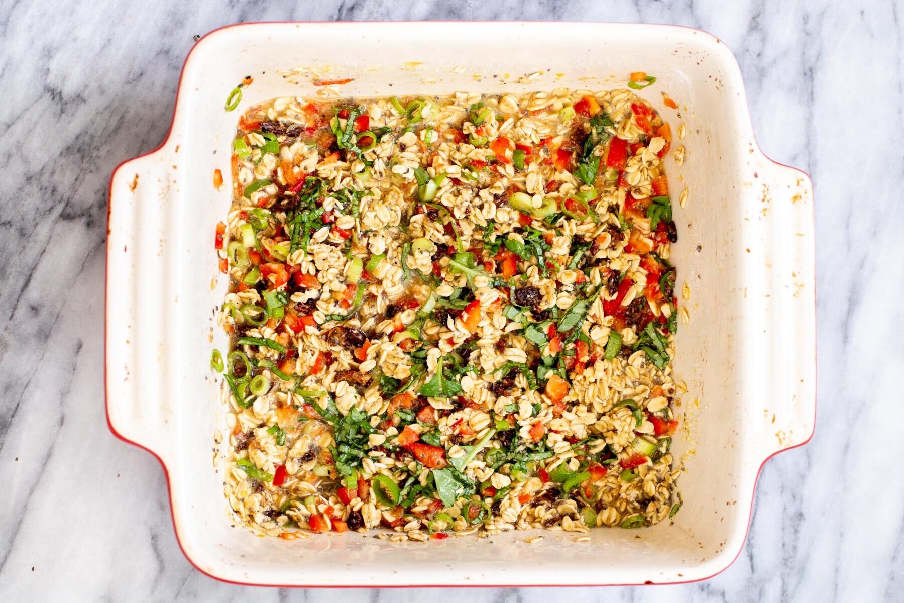savory oatmeal bake  overhead shot of savory pizza oatmeal bake