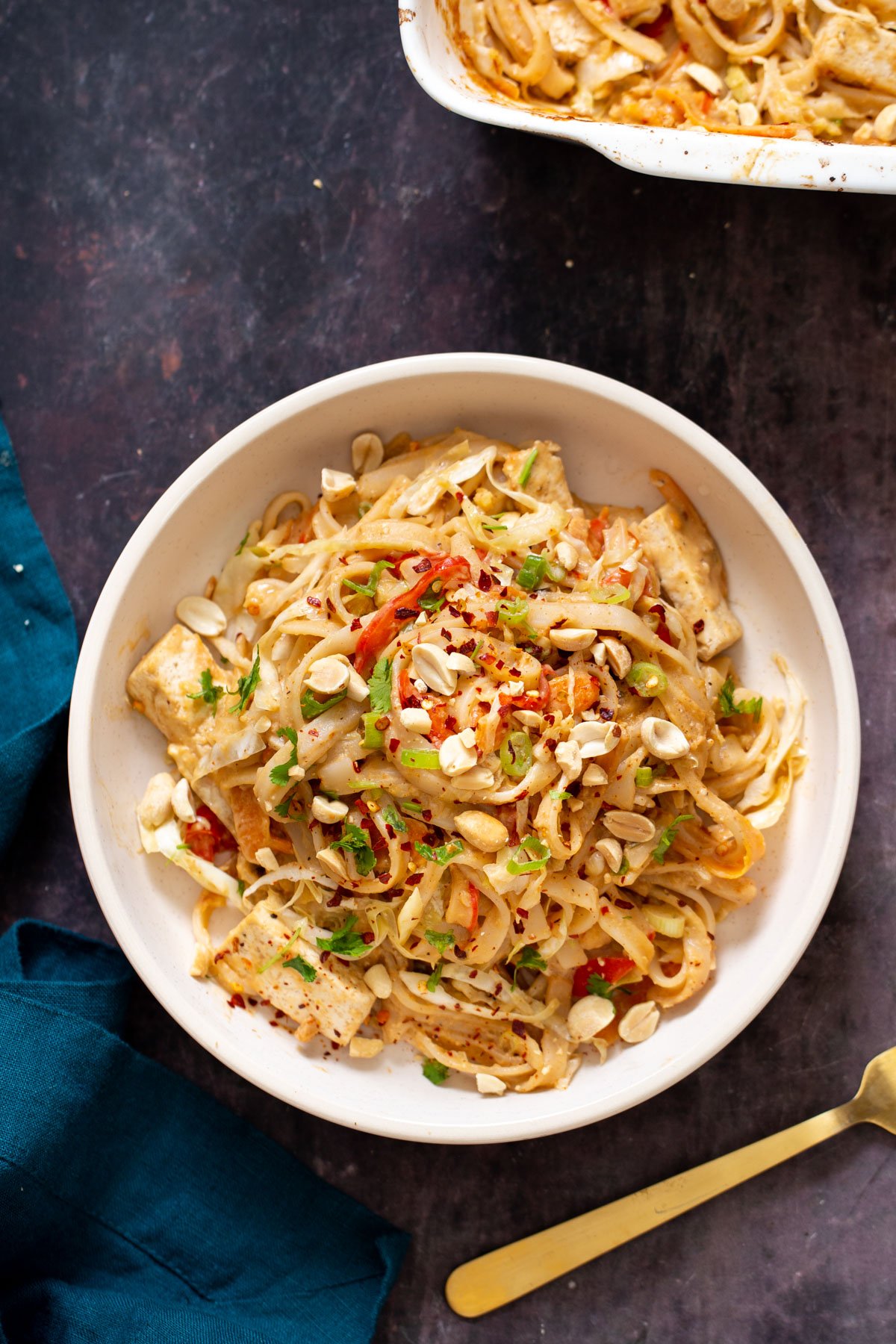 peanut rice noodles  a serving of vegan Thai peanut rice noodles casserole