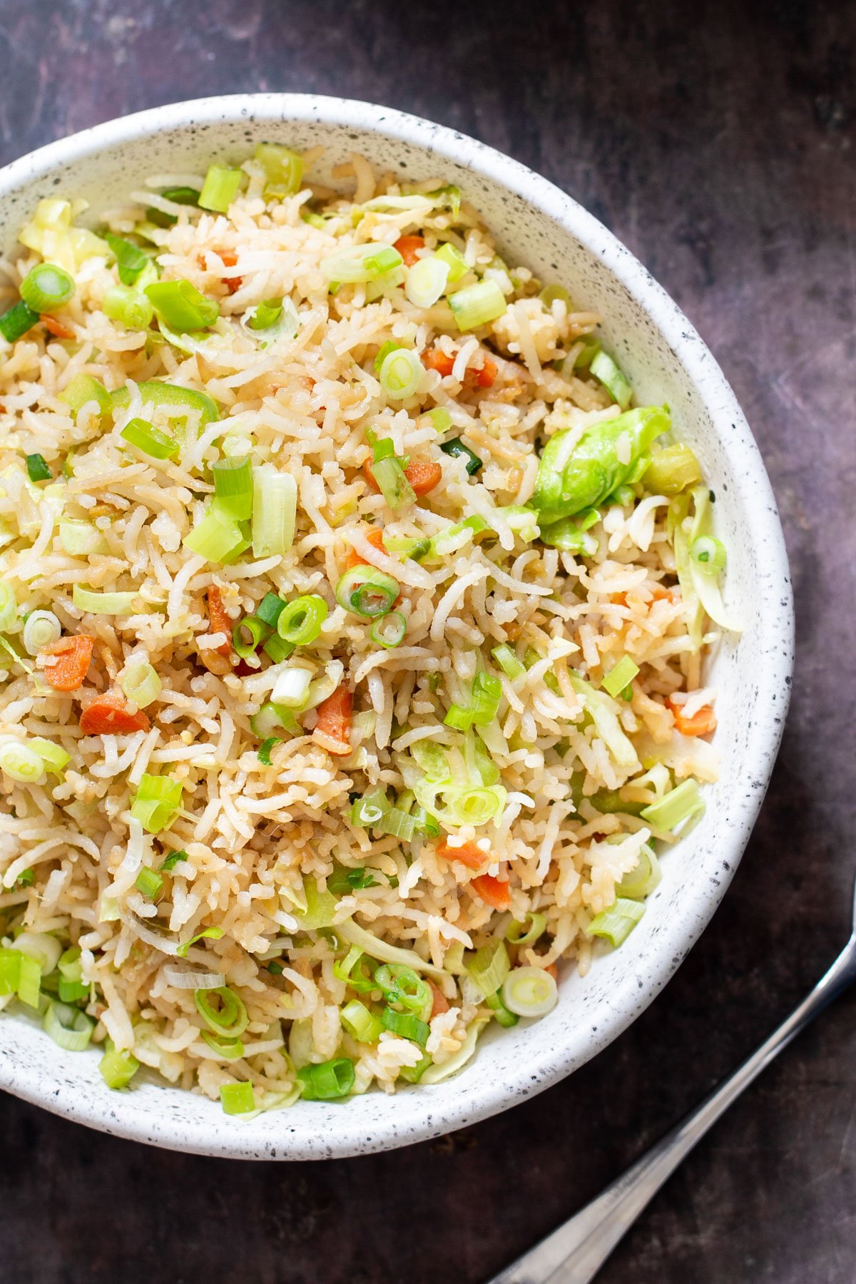 overhead shot of Indo Chinese Fried rice in a white bowl