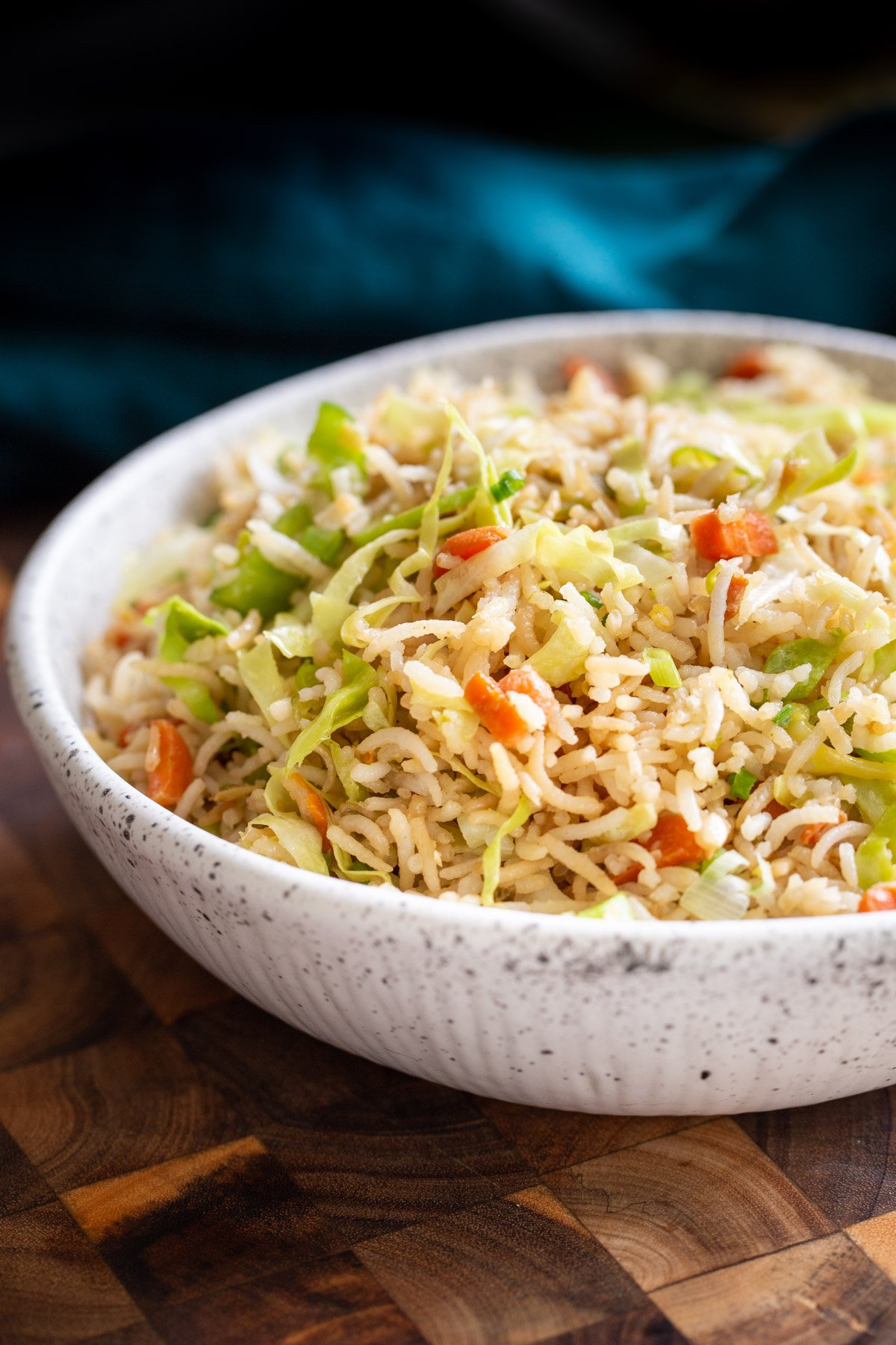 Indo Chinese fried rice  side view of a bowl of Indo Chinese Fried rice