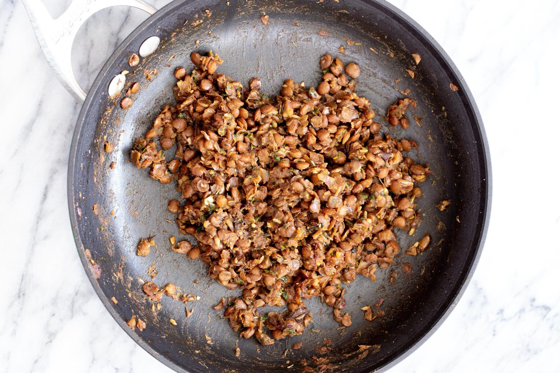 vegan lentil meat in a frying pan