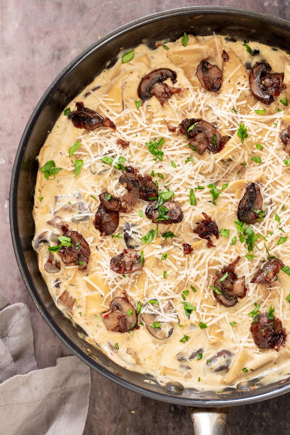 vegan white lasagna with tofu bechamel sauce and balsamic mushrooms