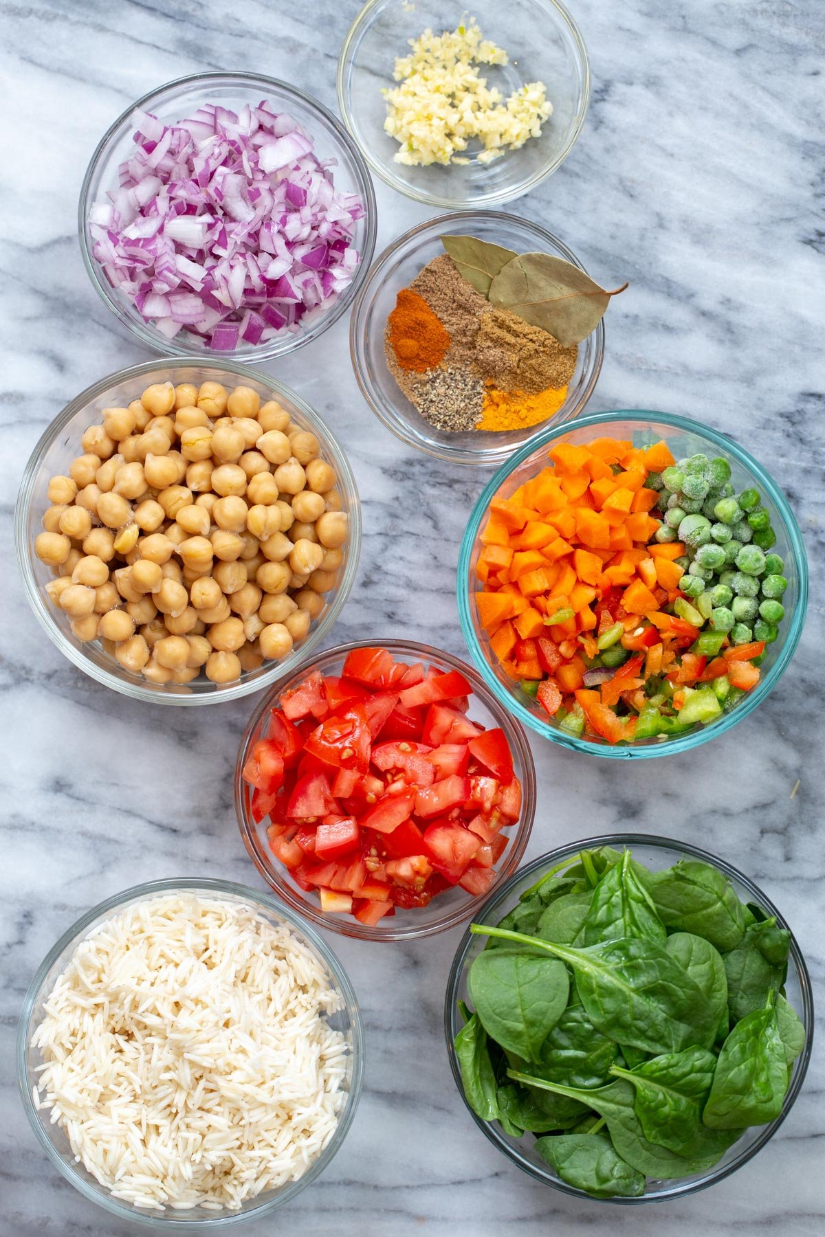 ingredients needed for making vegan chickpea rice pulao