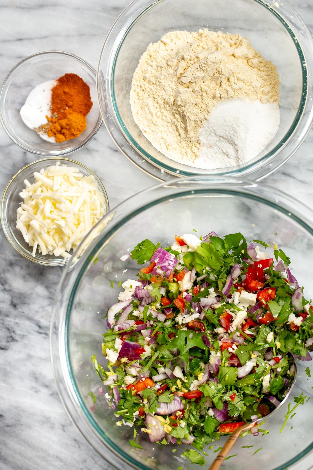 ingredients for making vegan chickpea flour veggie pancakes