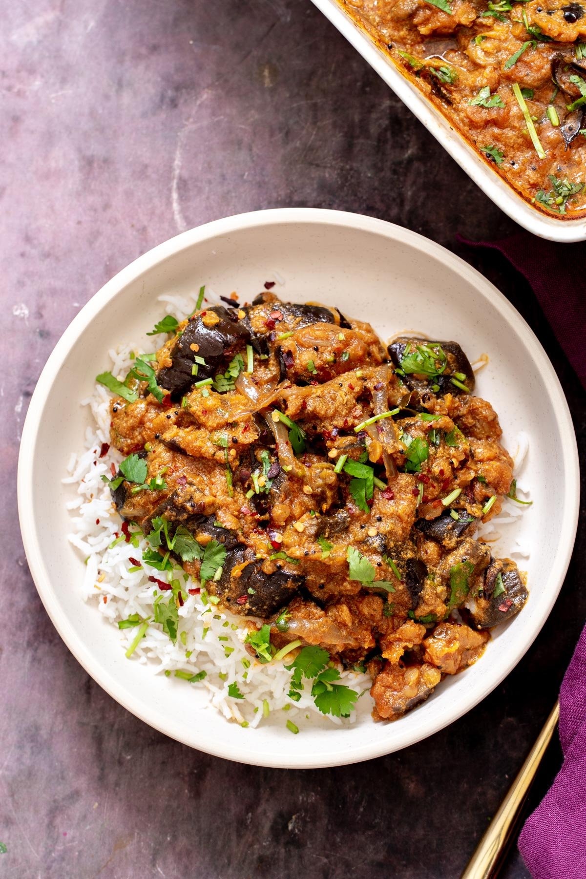eggplant curry recipe a serving of vegan eggplant casserole served over rice