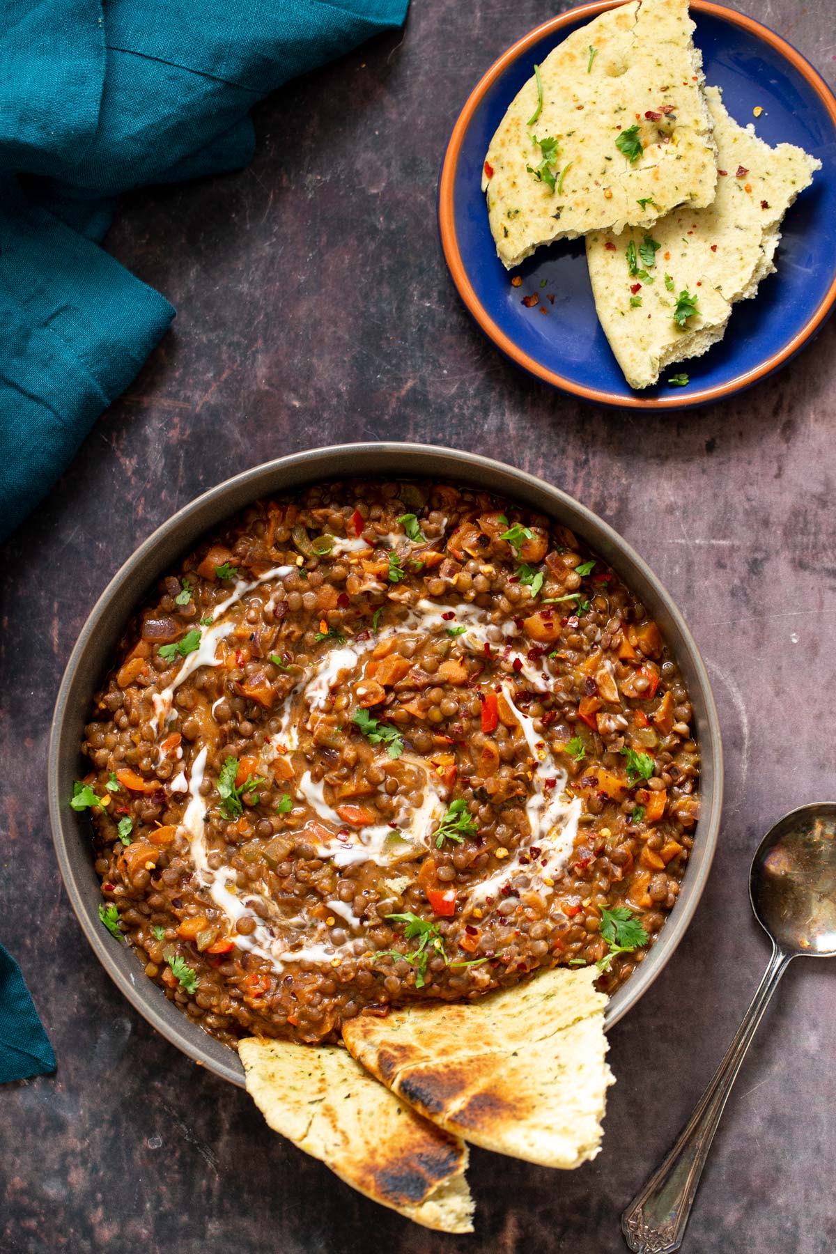 handi lentils with cashew cream served on a platter