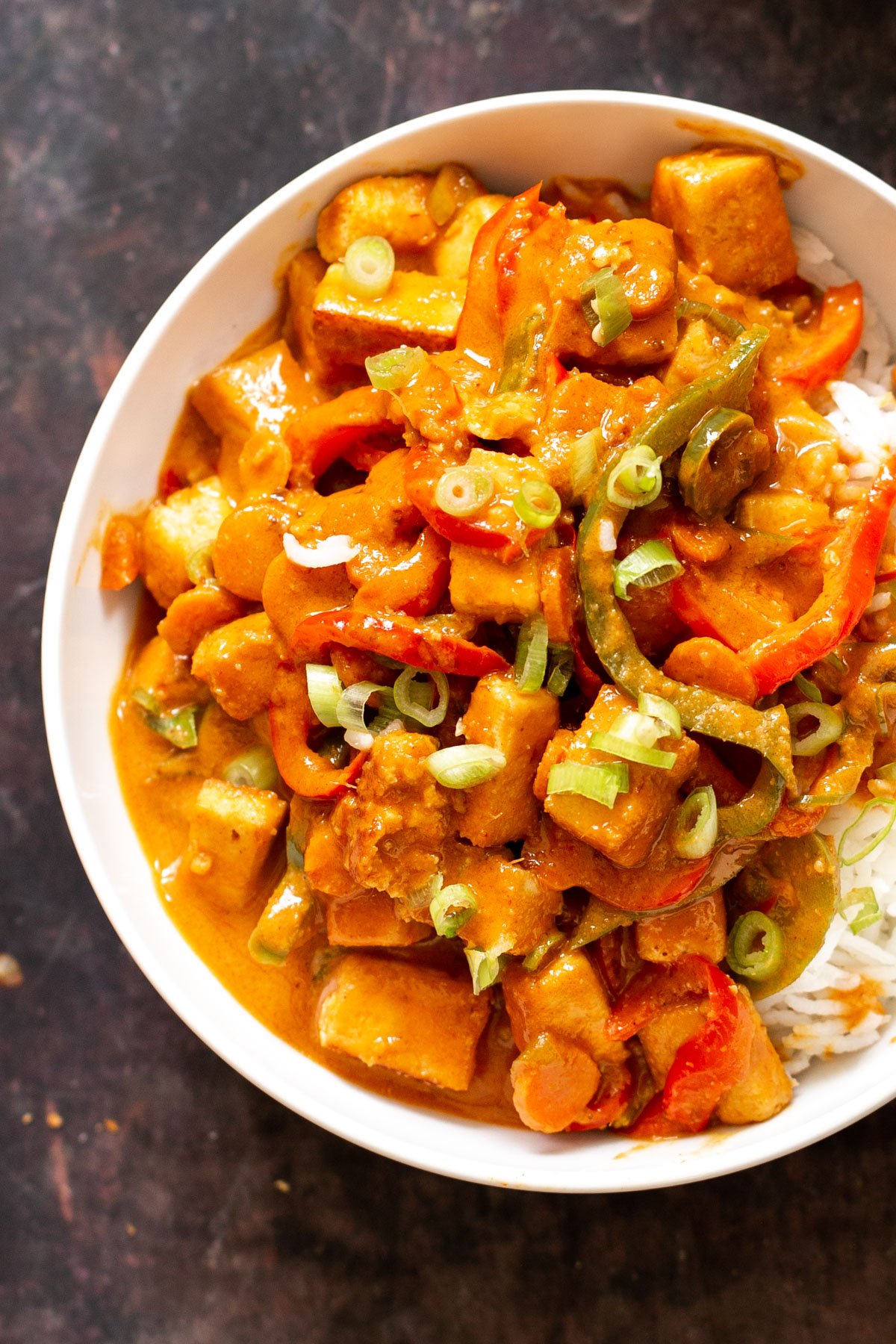 miso peanut butter & gochujang tofy stir-fry served over rice